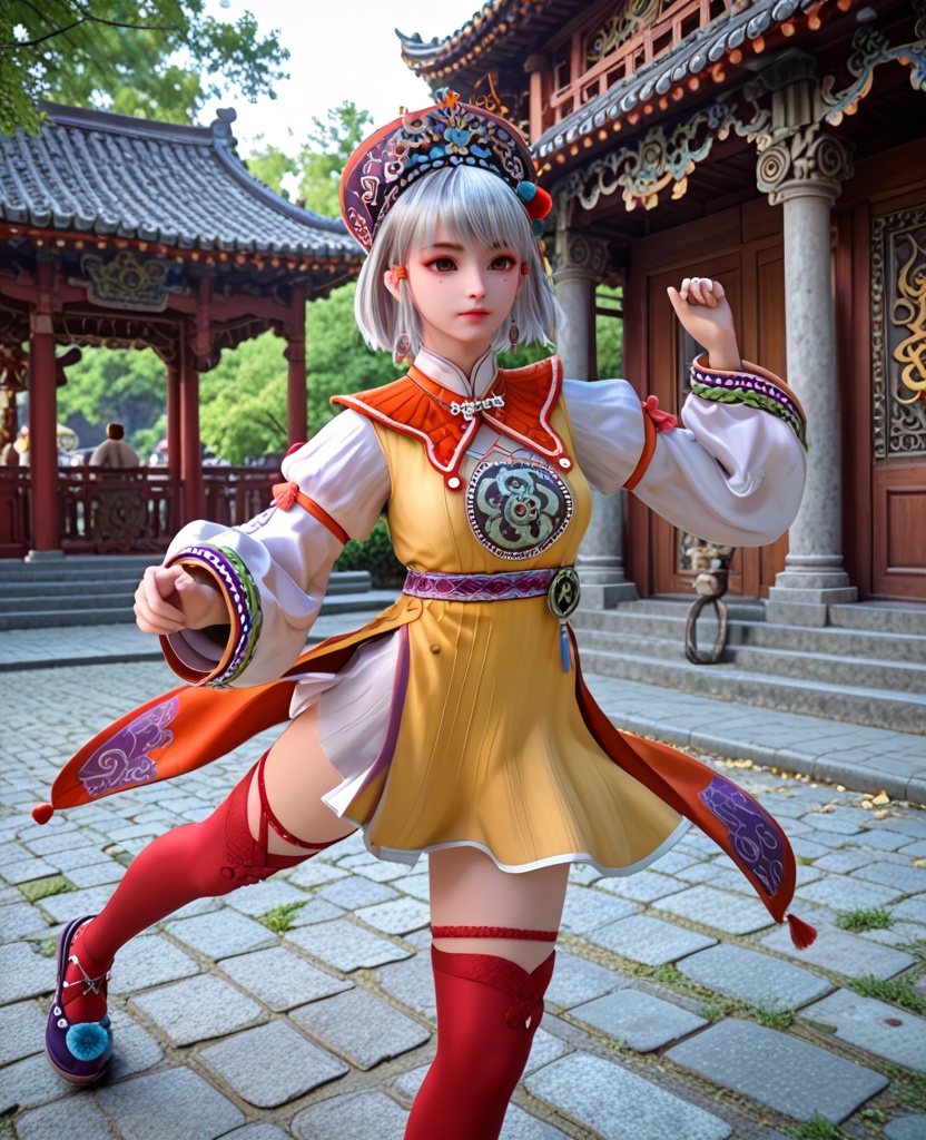 (oriental architecture, elegant decor, sophisticated style:1.1),(practicing martial arts,the armbar:1.1),(breasts:1.2),<lora:XL少年白马小白:0.95>,miss xiaobai,yellow short dress,brown detachable collar,puffy long sleeves,brown miniskirt,belt,brown eyes,mole under eye,silver hair,bangs,hat,jewelry,red thighhighs,pom pom \(ornament\),, score_9,score_8_up,score_7_up,score_6_up,score_5_up,score_4_up,3d rendering,tag1,tag2, Cinematic Lighting,backlighting,