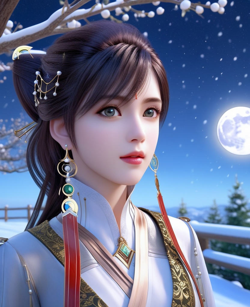 <lora:639-DA-XL-眷思量-须灵犀:0.8>(,1girl, ,best quality, ),looking at viewer,  ultra realistic 8k cg, picture-perfect face,   clean, masterpiece,     cinematic lighting, cinematic bloom, fantasy,  , unreal, science fiction, ((,1girl, pov,))(((,tree, 1girl, full moon,snowing,snow ,solo,     solo focus,  long_hair, looking_at_viewer,  )))  (rich:1.4,)     prestige, luxury, jewelry, diamond, gold, pearl, gem, sapphire, ruby, emerald, intricate detail, delicate pattern, charming, alluring, seductive, erotic, enchanting, hair ornament, necklace, earrings, bracelet, ,