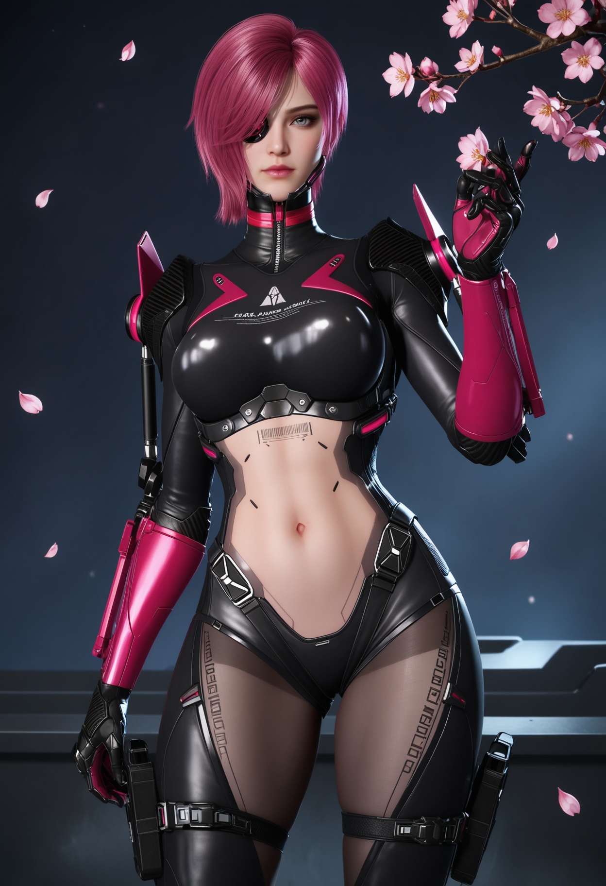 (upper_body:1.2),looking at viewer:1.1,masterpiece,(best quality),smog,Dark room,dim lighting,peach blossom,falling petals,<lora:YQ_Illustrious光辉v5_缇娜_V1:0.8>,q1528437228,1girl,solo,pink hair,short hair,bodysuit,hair over one eye,gloves,blue eyes,red hair,black bodysuit,boots,holster,armor,eyepatch,skin tight,tattoo,mechanical arms,thighhighs,one eye covered,cyborg,thigh strap,thigh holster,grey eyes,high heels,purple hair,thighs,crop top,