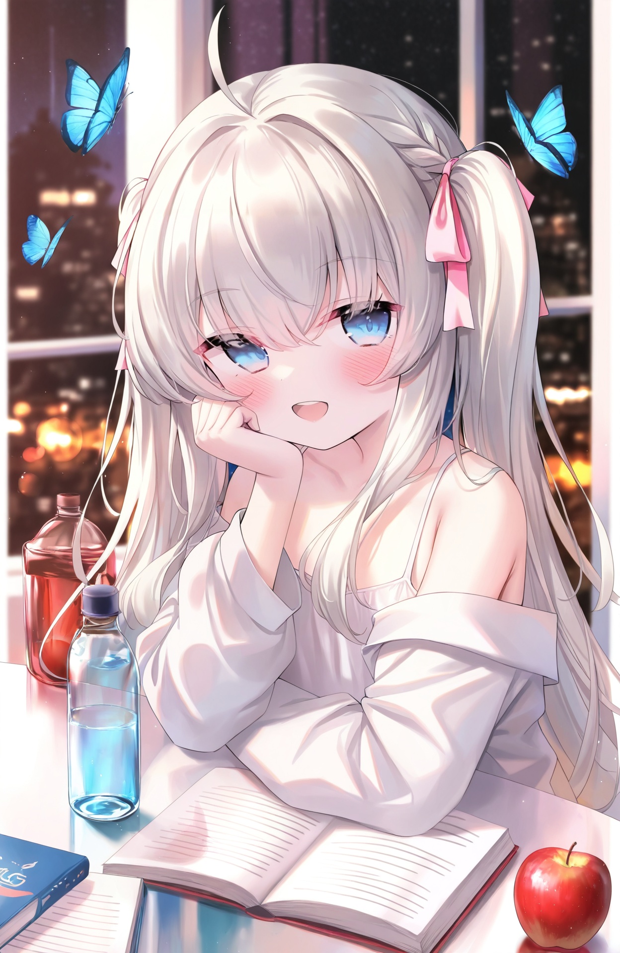 masterpiece,absurdres,best quality,petite,high quality,chromatic_aberration,//,1girl,blue eyes,butterfly,bug,ahoge,solo,apple,long hair,fruit,food,shirt,looking at viewer,blue butterfly,bow,white shirt,blurry,off shoulder,hand on own cheek,open mouth,blush,hair bow,pillarboxed,head rest,window,indoors,smile,grey hair,blurry background,upper body,braid,book,hair between eyes,teeth,hand on own face,depth of field,pink bow,off-shoulder shirt,upper teeth only,sword,collarbone,bottle,:d,long sleeves,night,bare shoulders,twintails,flat chest,<lora:鬼针草2——【CKXL】hans:0.9>,