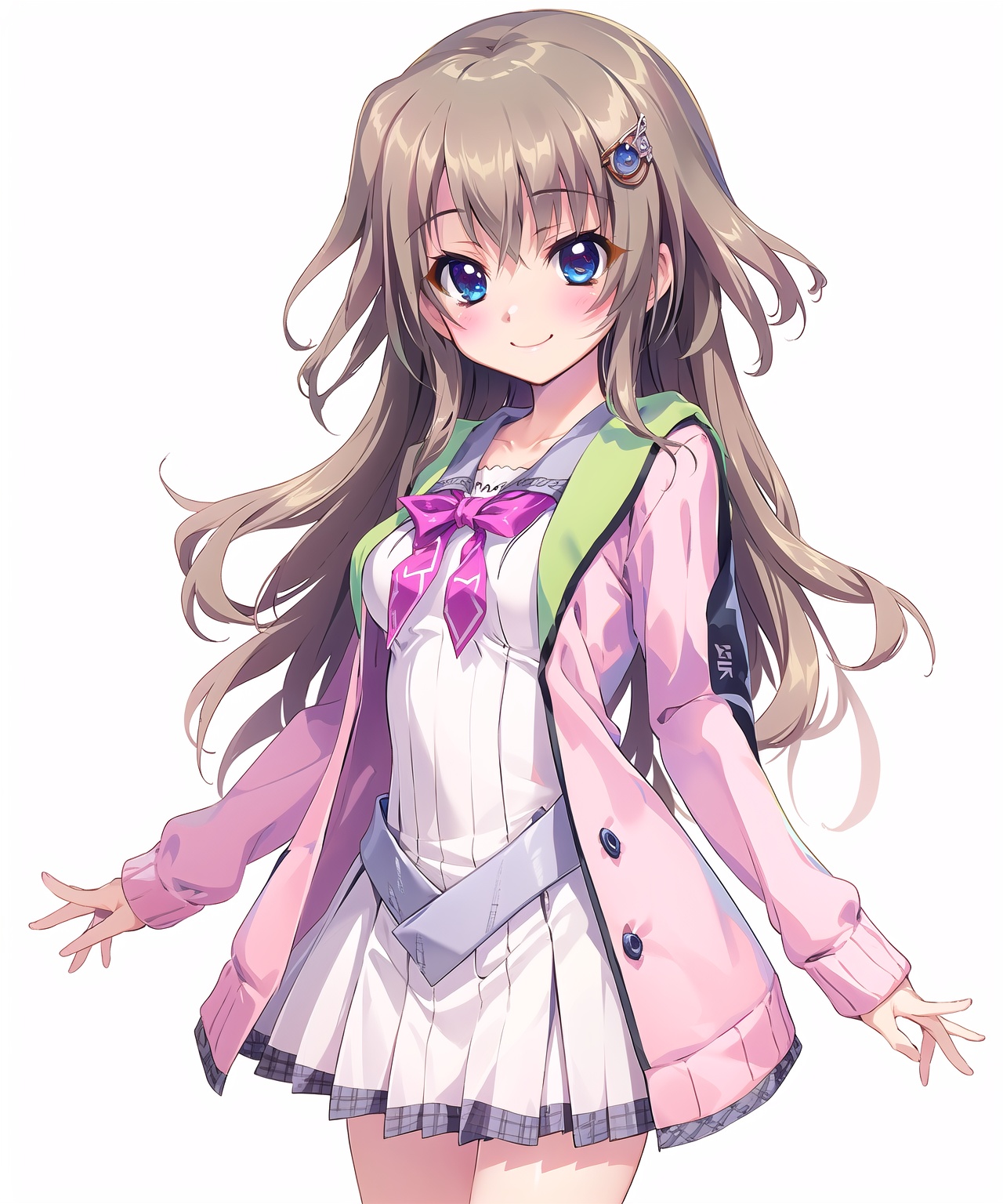 kujoumiyako,kujoumiyako school uniform,brown hair,blue eyes,(looking at viewer:1.2),cowboy shot,smile,blush,pink jacket,, masterpiece,best quality,