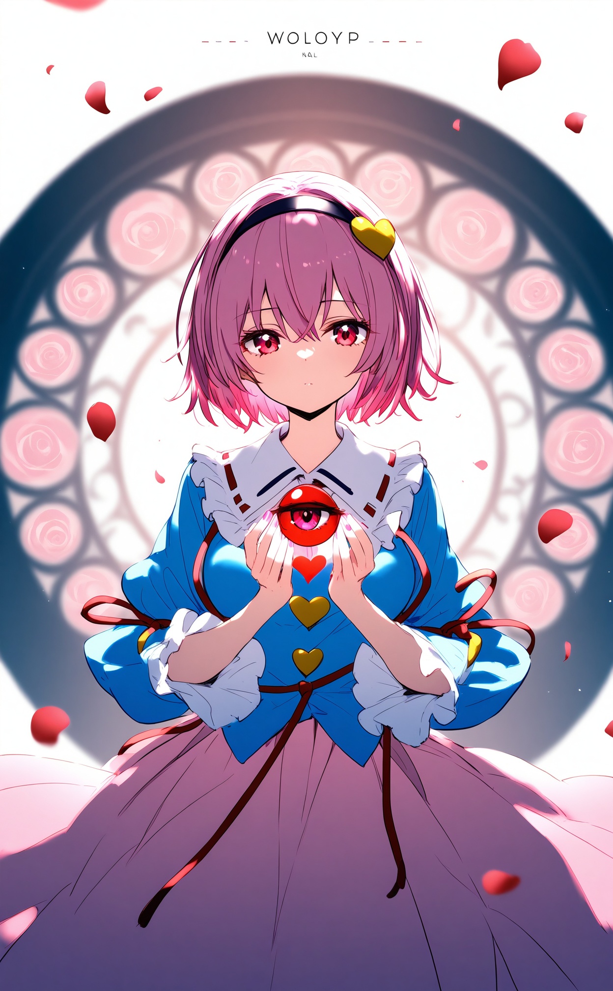 masterpiece,best quality,high quality,nai3 Style,1girl,komeiji satori,solo,hairband,heart,shirt,blue shirt,third eye,black hairband,skirt,wide sleeves,short hair,long sleeves,pink skirt,frills,frilled shirt collar,petals,heart hair ornament,pink hair,hair between eyes,rose,frilled sleeves,rose petals,stained glass,looking at viewer,pink eyes,flower,hair ornament,breasts,pink rose,pink flower,ribbon-trimmed collar,medium breasts,blouse,cowboy shot,red eyes,buttons,closed mouth,heart button,character name,eyeball,hands up,red rose,ribbon trim,blurry,expressionless,pink nails,