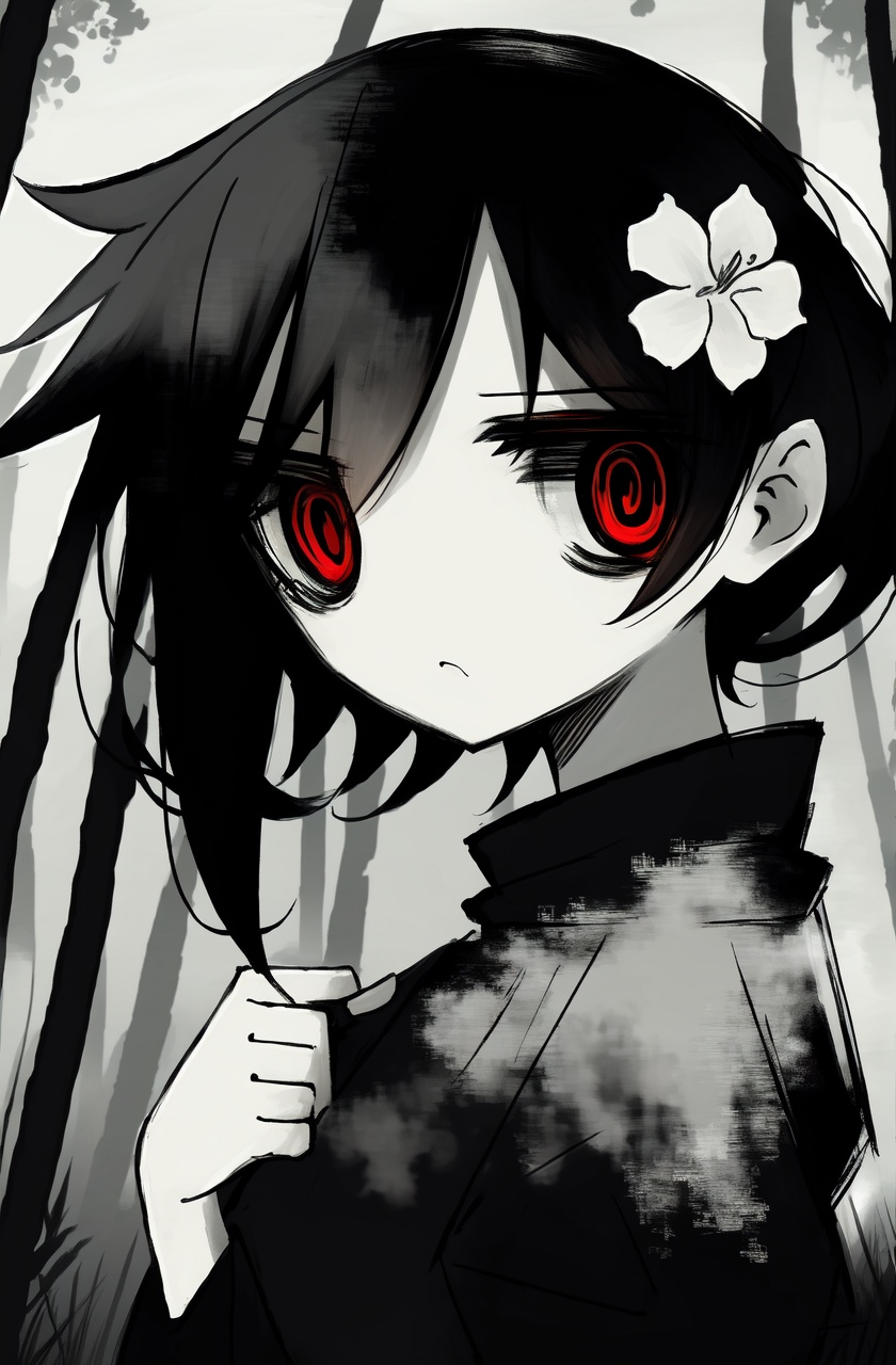 masterpiece,best quality,absurdres,1girl,solo,looking at viewer,black hair,black dress,@_@,spot color,upper body,ringed eyes,monochrome,from side,hand on own arm,hair flower,red eyes,forest,frown,red theme,