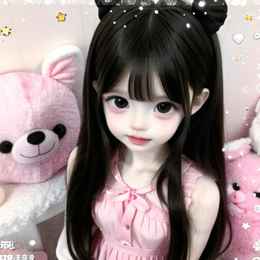 <lora:linglong-000007:0.6>,Pure face,1girl,solo,long hair,black hair,light smile,looking at viewer,stuffed toy,black eyes,stuffed animal,bangs,upper body,pink bow,dress,