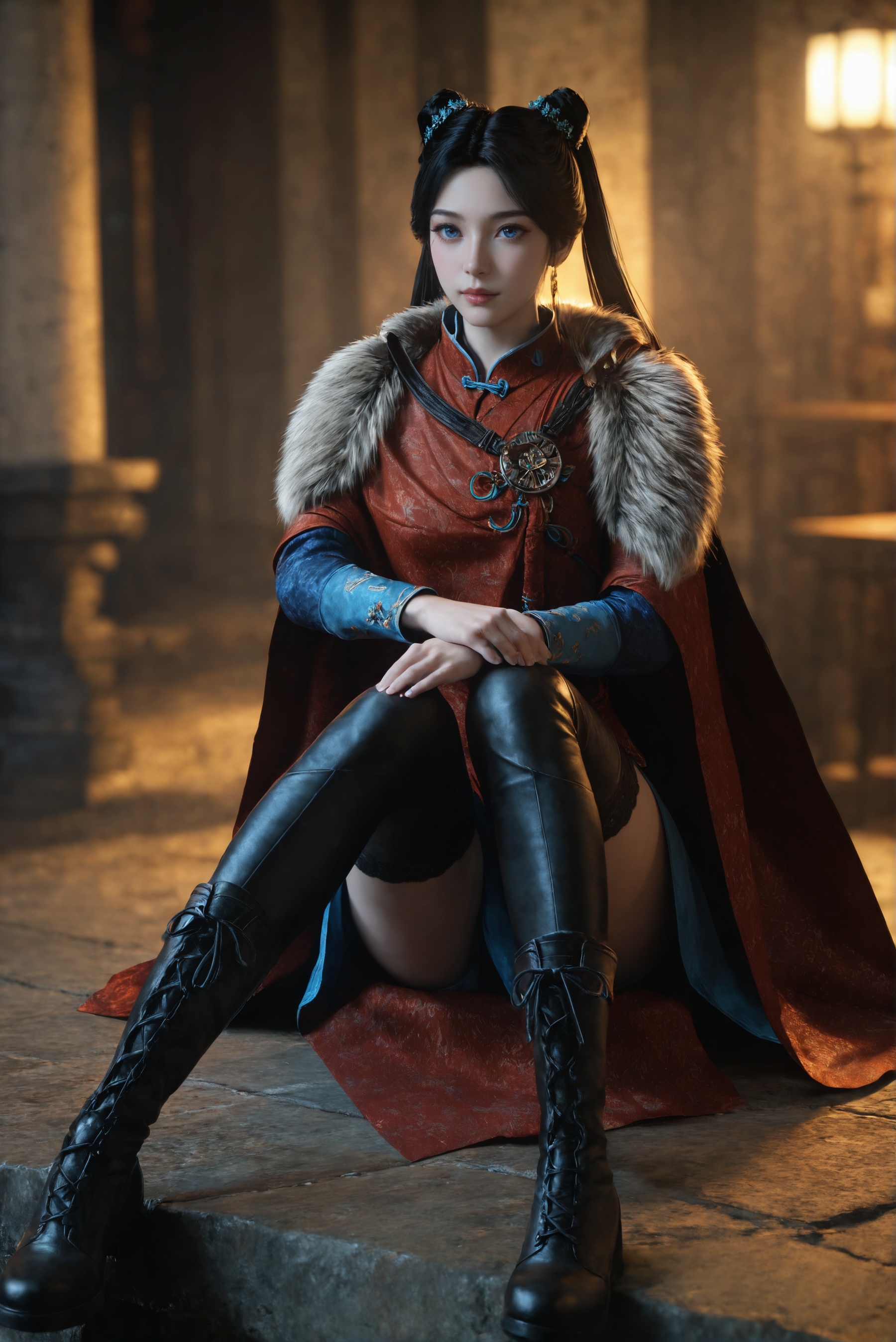score_9,score_8_up,score_7_up,1girl,solo,3d,ultra-detailed,high resolution,perfect lighting,flawless skin,sharp focus,extremely detailed anatomy,Exquisite Craftsmanship,High-Resolution Beauty,Unparalleled Artistic Quality,masterpiece,best quality,official art,extremely detailed CG unity 8k wallpaper,chinese clothes,<lora:梅凝雪山:0.7>,black hair,blue eyes,blurry,boots,cape,holding,long hair,long sleeves,realistic,twintails,sitting,
