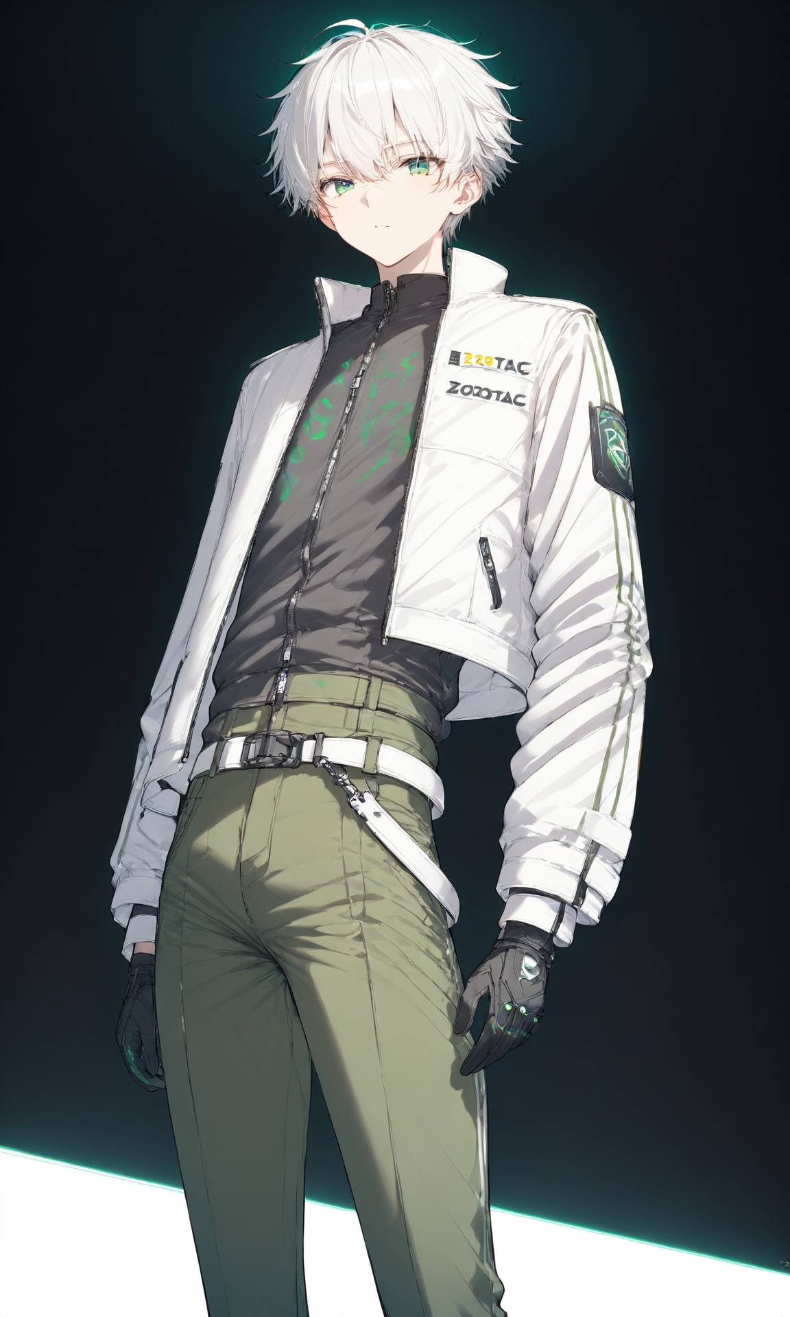 阿索,(masterpiece),(best quality),Black background,Solid color background,1 boy,over 20 years old,outgoing,sunny and handsome,Green pants,black boots,white jacket,Stand up collar jacket,(sci-fi style),Silver short hair,white belt,Green pupils,solo,cropped jacket,The logo on the clothing is Zotac.,<lora:阿索XL:1>,