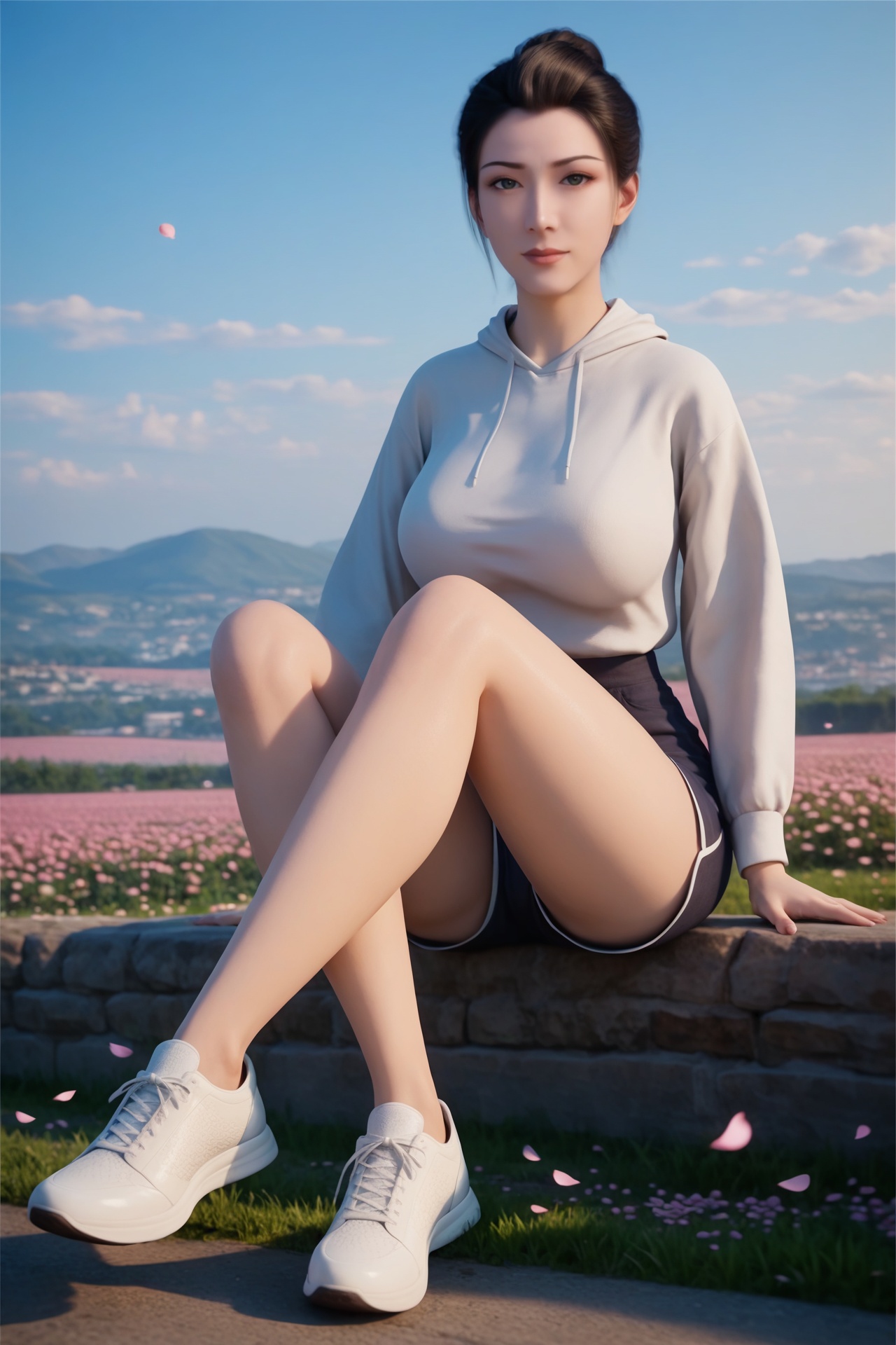 hongfu,<lora:hongfuXL:0.7>,1girl,solo,score_9,score_8_up,score_7_up,32K UHD,8k,4k,best quality,extremely detailed cg 8k wallpaper,ultra-detailed,masterpiece,sharp focus,unconventional supreme masterpiece,masterful details,temperate atmosphere,with a high-end texture,luxurious sharp focus,intense,dynamic cinematic color,located artistic,Fashion and art,elegant and sophisticated,innovative use of light and shadow,decorative,allegorical,symbolic,with a high-end texture,day,sky,outdoors,flower,flower field,petals,sitting,pale skin,looking at viewer,big breasts,sweatshirt,shorts,shoes,