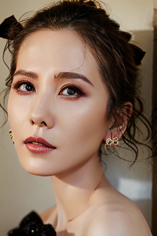 a woman with a black bow on her head and a black dress on her shoulder and a white wall behind her,ultra high ers,(photorealistic:1.4),<lora:刘诗诗:1.2>,