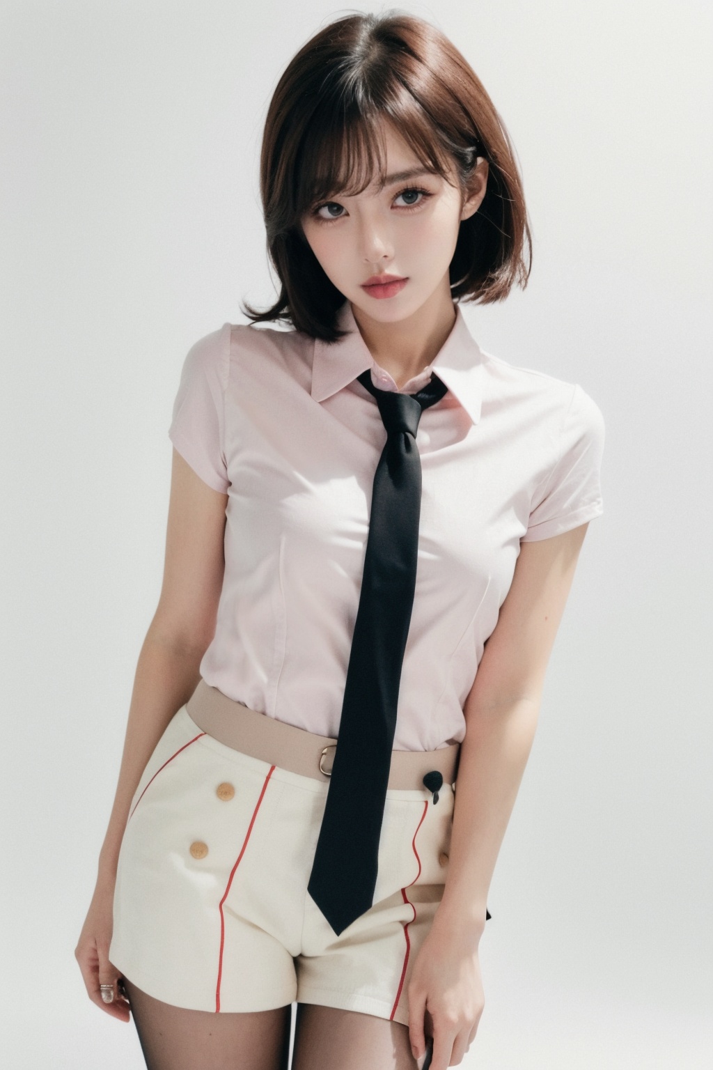 1girl, upper body, looking at viewer, white background,collared shirt, stockings,