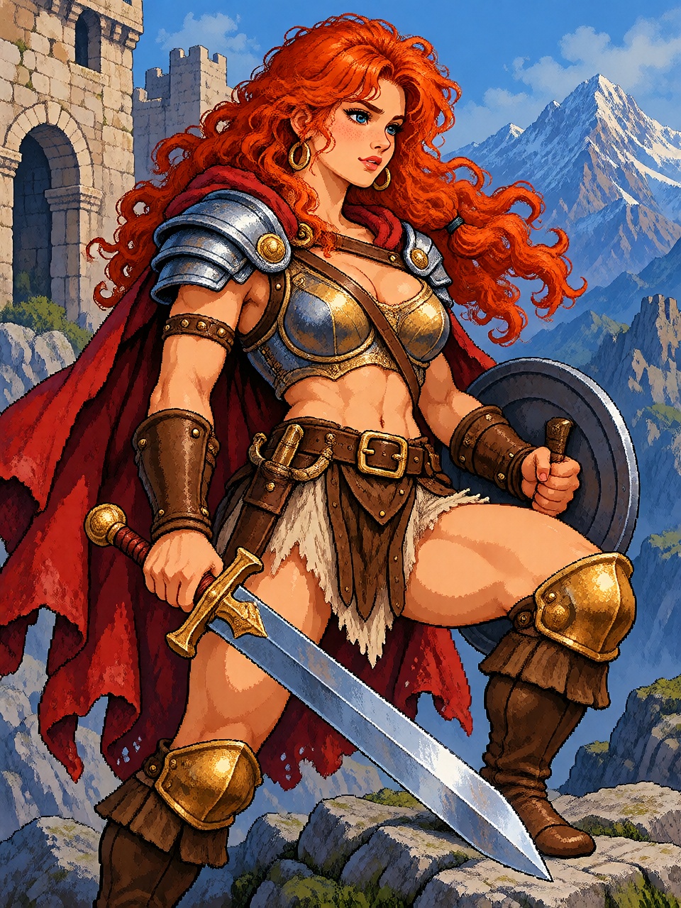 A beautiful red-haired barbarian warrior holding a massive sword,  standing before an ancient stone fortress,  mountains i...