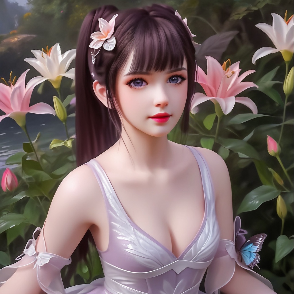 <lora:848-DA-XL-完美世界-火灵儿-幼年:0.8>, (,1girl, ,best quality, ),,  ,ultra detailed 8k cg,ultra realistic 8k cg,1girl, solo,(bare shoulders:0.85),(masterpiece, best quality),((oil painting style)),sexy young lady,(beautiful face and eyes),(upper body:1.5),(whole body:1.05),(single person:1.2),surrounded by flowers, (lily), roses, floret, vegetation, white, purple, purplish pink,Impressionism,colorful,(Breast size:1.3),(cleavage),, butterfly,(sit),