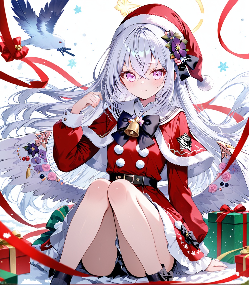 azusa (blue archive),Noyu,Torino,jw,0,1girl, azusa (blue archive), hat, wings, solo, santa hat, halo, white background, flower, hair flower, long hair, simple background, bangs, white hair, dress, capelet, bow, full body, looking at viewer, hair between eyes, hair ornament, bell, sitting, closed mouth, black footwear, purple eyes, long sleeves, red headwear, santa costume, black bow, red dress, socks, fur trim, christmas, sailor collar, crossed bangs, feathered wings, white wings, smile, knees together feet apart, very long hair, red capelet, bare legs, shoes, pink eyes,(UHD),anatomically correct,ccurate,textured skin,super detail,high details,award winning,best quality,high quality,retina,16k,HD,1080P,8k,