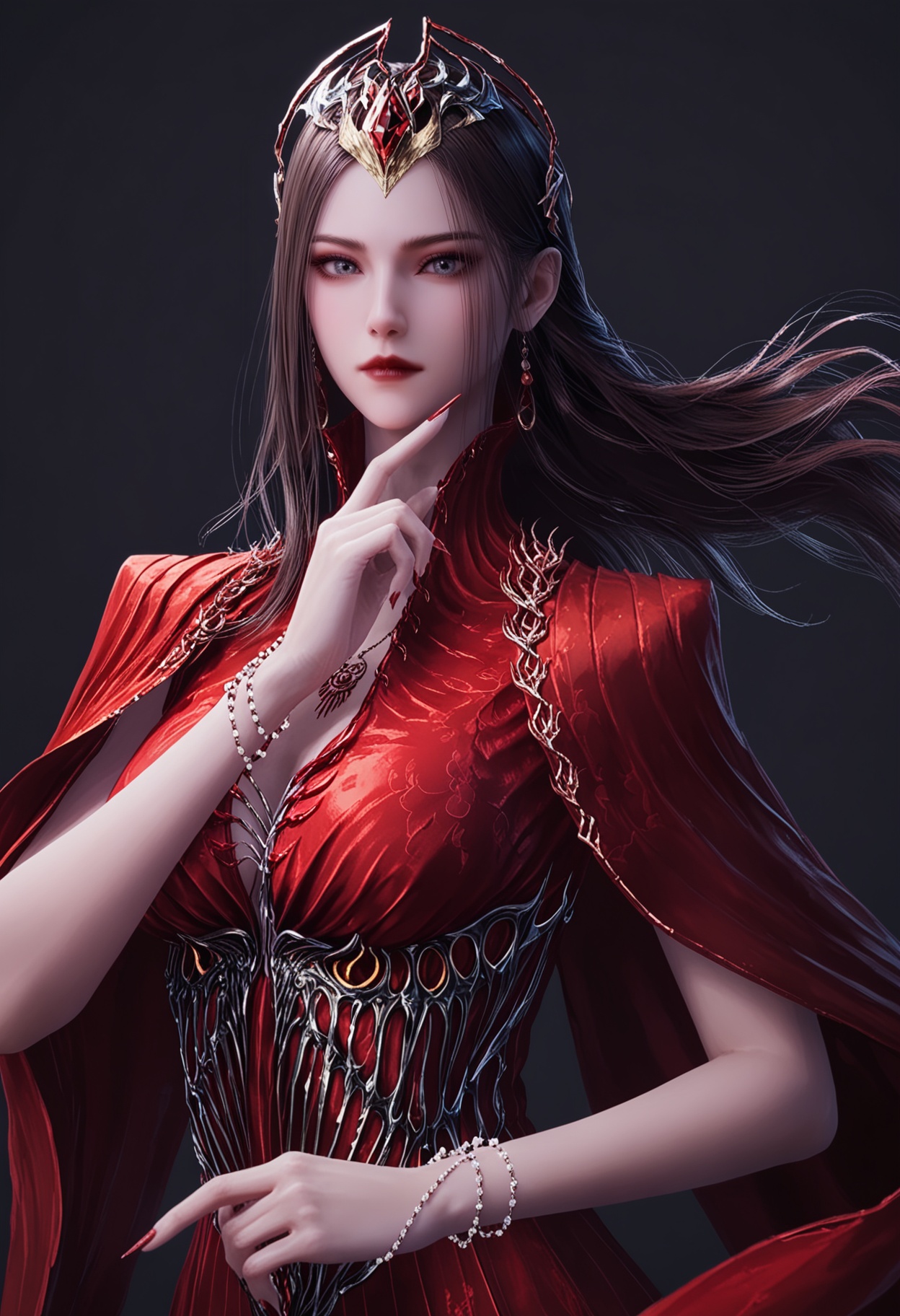 score_9,looking_at_viewer,upper body,(large breasts:0.8),yexishui,1girl,solo,long hair,jewelry,red dress,dress,brown hair,closed mouth,realistic,hair ornament,earrings,cape,grey eyes,necklace,bracelet,red lips,high heels,(simple background,pure black background,black background:1.1),perfect_anatomy,<lora:QQSponyyexishuiV1:0.8>,