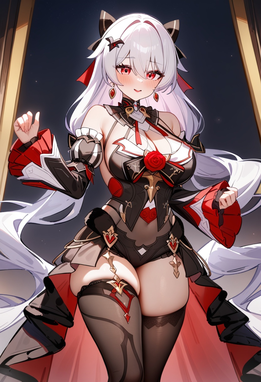 <lora:大月下a31.2:0.85>,a girl named lunakindred,lunakindred,1girl,black dress,bare shoulders,detached sleeves,earrings,red rose,black thighhighs,twintails,<lora:naipixa31-000019:0.5>,, masterpiece, best quality, very aesthetic, absurdres