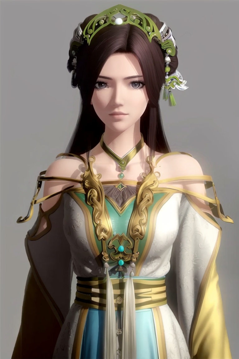 ((HRD, HUD, 8K)),((masterpiece, best quality)), highly detailed, soft light,1girl, solo, long hair, hair ornament, black hair, brown hair, brown eyes, lips,jewelry,dress, chinese clothes, bare shoulders, simple background, grey background, upper body, standing, looking at viewer,  <lora:20240506-1714960445475:0.73>