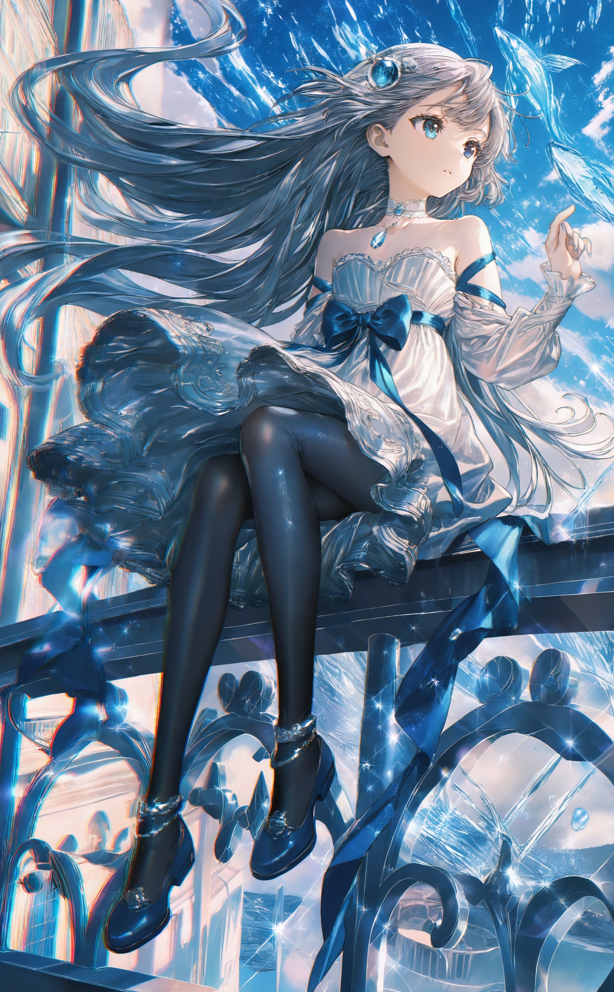 masterpiece,absurdres,best quality,petite,high quality,//,1girl,solo,dress,long_hair,blue_eyes,white_dress,sitting,bow,grey_hair,strapless_dress,chromatic_aberration,bare_shoulders,full_body,strapless,blue_bow,very_long_hair,sky,blue_ribbon,floating_hair,detached_sleeves,shoes,jewelry,hair_ornament,ribbon,choker,fish,on_railing,black_footwear,long_sleeves,outdoors,looking_afar,white_choker,looking_to_the_side,necklace,pantyhose,anklet,cloud,closed_mouth,frills,blue_sky,blue_nails,sparkle,blue_theme,hand_up,blurry,parted_lips,glint,frilled_dress,blue_footwear,collarbone,blue_gemstone,heterochromia,see-through,ice,wind,expressionless,building,off-shoulder_dress,layered_dress,water_drop,tower,cloudy_sky,flying_fish,waist_bow,flats,//,<lora:ssxd——【noob】hans:1>,