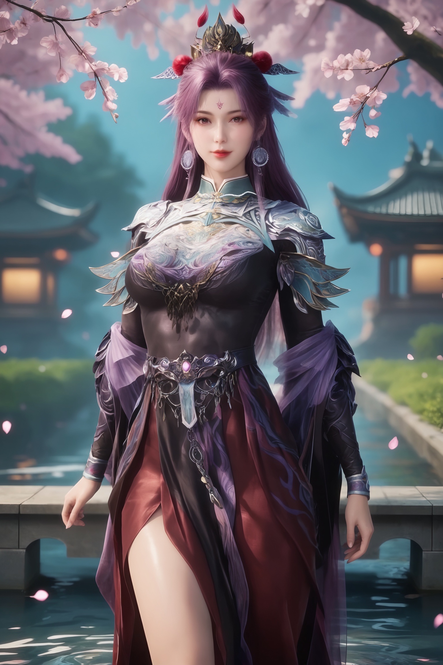 score_9,high detail,best quality,cinematic lighting,volumetric lighting,shiny skin,shiny,looking_at_viewer,close-up,BREAKfair_skin,white_skin,shiny_skin,Ivory_skin,(looking at viewer:1.1),(cinematic lighting:0.9),(volumetric lighting:0.9),solo focus,large_breasts,(perfect_face:1.2),(perfect_anatomy:1.1),Tranquil garden pond surrounded by cherry blossoms,Vibrant cherry blossom park in full bloom,day,suneate,<lora:牧神记-司幼幽Pony:0.7>,long,purple hair,golden crown,a ornate purple and gold embroidery dress,armor,high collar,elaborate sleeves,flowing skirt,a belt,a small pendant dangles,