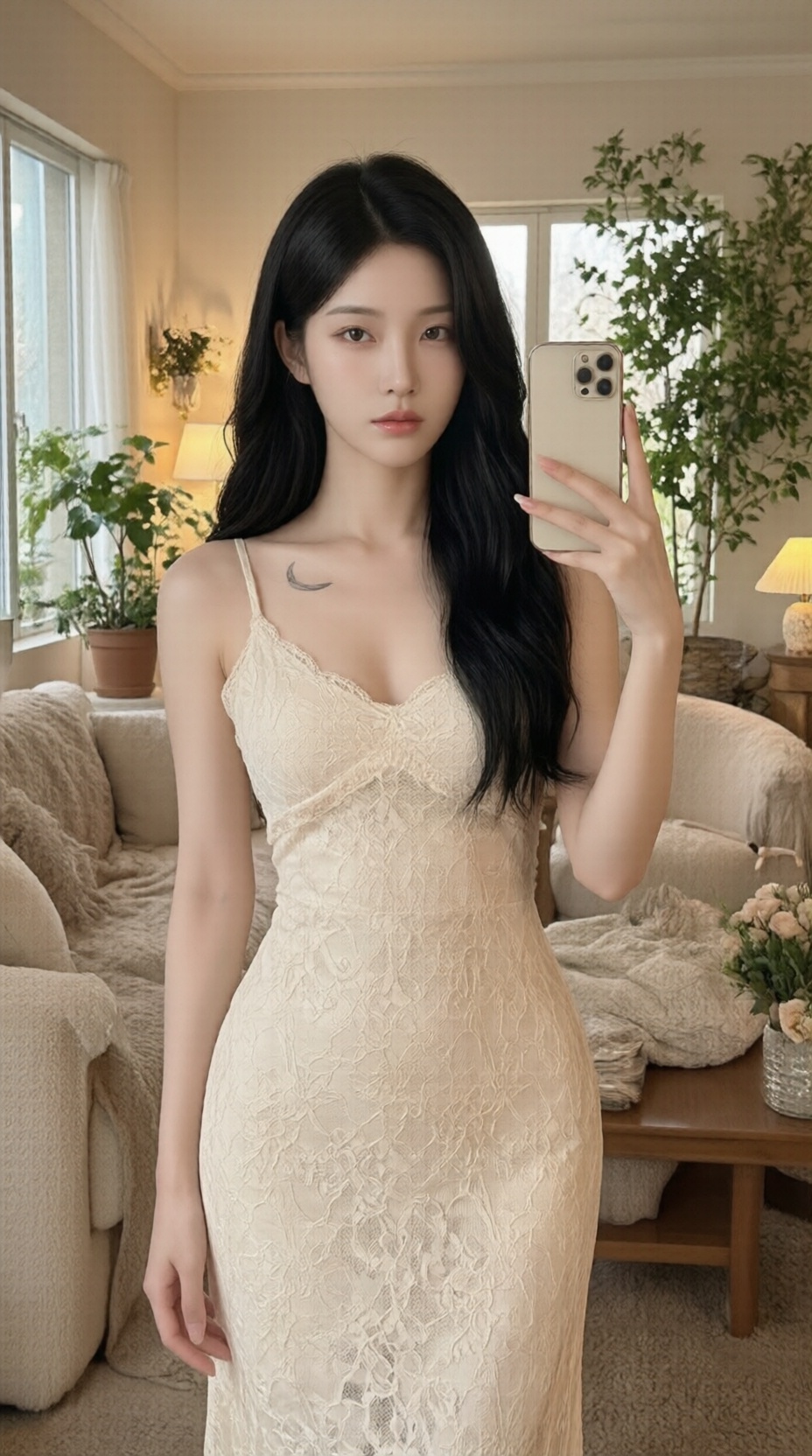 beauty,a photo-realistic shoot from a side camera angle about a young woman taking a selfie in a lush garden setting,the image features a 20-year-old asian woman with long,wavy black hair,standing in the middle of the image,wearing a pink and white silk nightgown with lace details,she is holding an iphone in her right hand,and her left hand is resting on the railing of the balcony,the woman has a neutral expression,looking directly at the camera,with her brown eyes locked onto the viewer,her hair is styled in loose waves and falls down her back,framing her face,the background features lush greenery,stone statues,and potted plants,adding to the serene atmosphere of the scene,the lighting is soft and natural,highlighting the womans delicate features and the intricate details of her dress,