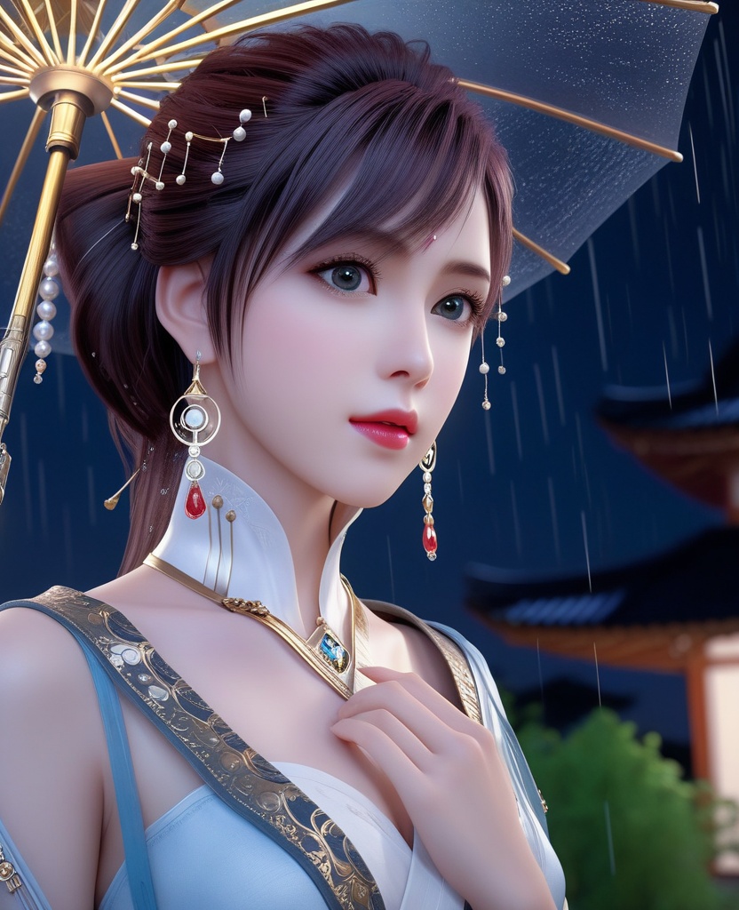 <lora:639-DA-XL-眷思量-须灵犀:0.8>(,1girl, ,best quality, ),looking at viewer, ,ultra detailed 8k cg, ultra detailed background,  ultra realistic 8k cg,          cinematic lighting, cinematic bloom, (( , )),,  , unreal, science fiction,  luxury, jewelry, diamond, pearl, gem, sapphire, ruby, emerald, intricate detail, delicate pattern, charming, alluring, seductive, erotic, enchanting, hair ornament, necklace, earrings, bracelet, armlet,halo,masterpiece, (( , )),,  ,cherry blossoms,(((, night,night sky,,  ultra high res, (photorealistic:1.4), raw photo, 1girl, , rain, sweat, ,wet, )))(( , ))   (cleavage), (),