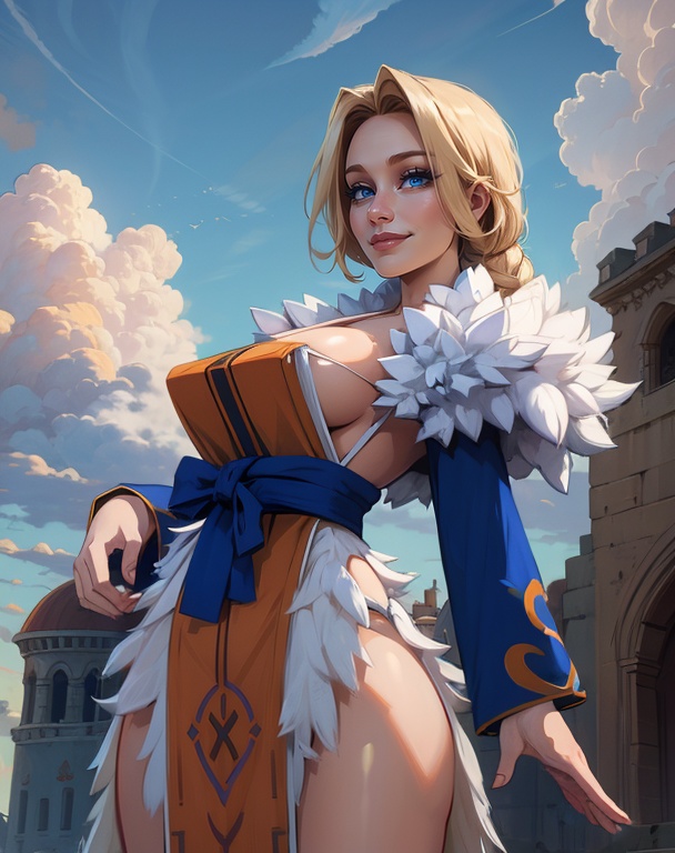 CelestialHostess,  blonde hair with a single braid,  blue eyes on Tensor.Art