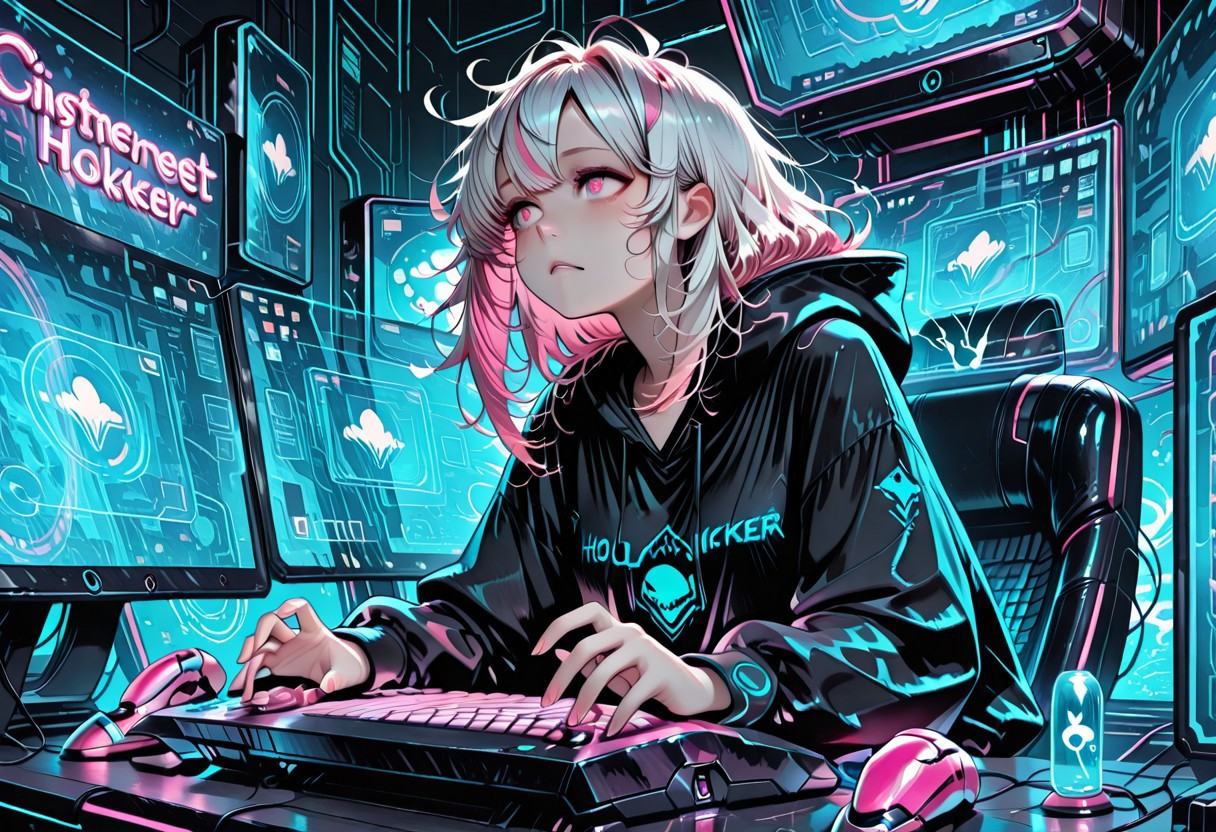 a sweetheart hacker,  cute young woman in a black hooded sweatshirt,  casual messy hair on Tensor.Art