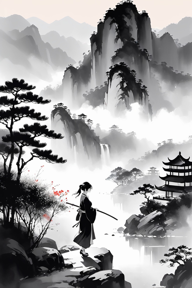 chinese ink painting style,girl,landscape painting,