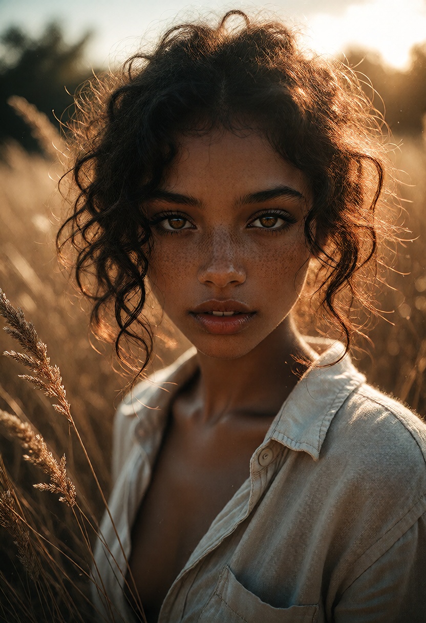 a young woman with deep brown skin and tightly coiled black hair lit by late golden-hour sun,  freckles across her nose an...
