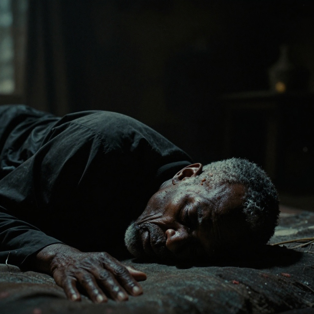 cinematic film still of Dark Chiaroscuro Lighting Style cinematic film style a sad old black man laying on a bed with his...