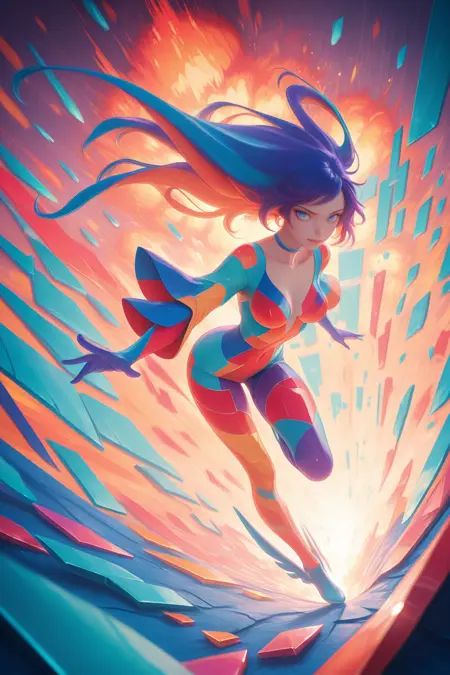 1girl, solo, abstract background, explosion of colors, distorted perspective, cubism art style, dynamic pose, colorful shards, fragmented shapes, masterpiece, best quality