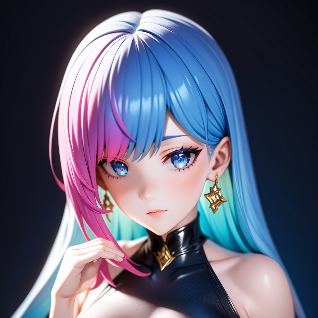 1girl, solo, multicolored hair, gradient hair, long hair, looking at viewer, earrings, hair ornament, blue hair, bare shoulders, jewelry, pink hair, blue eyes