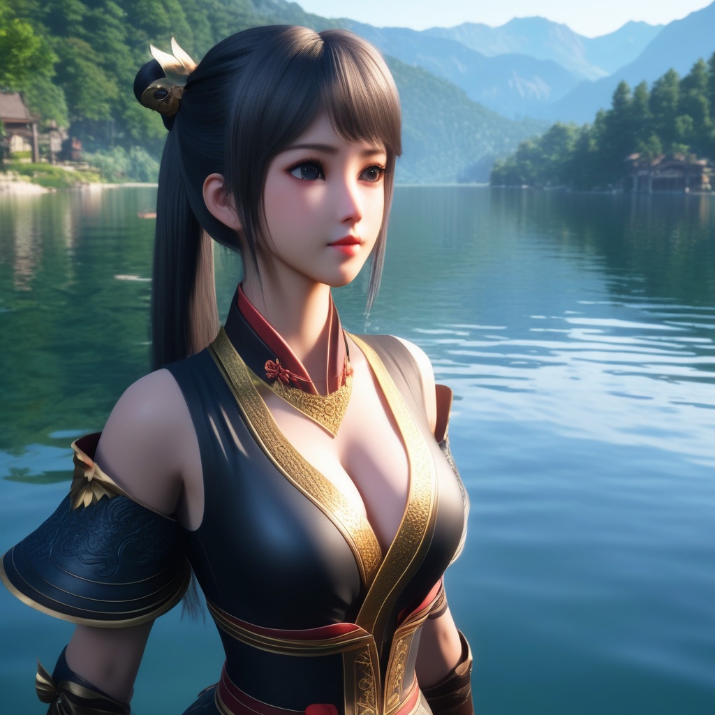 <lora:845-DA-XL-元龙-高瑶:0.8>, (,1girl, ,best quality, ),,  ,ultra detailed 8k cg,   ,masterpiece, (( , )) , lake,upper body,   (cleavage),,  (),