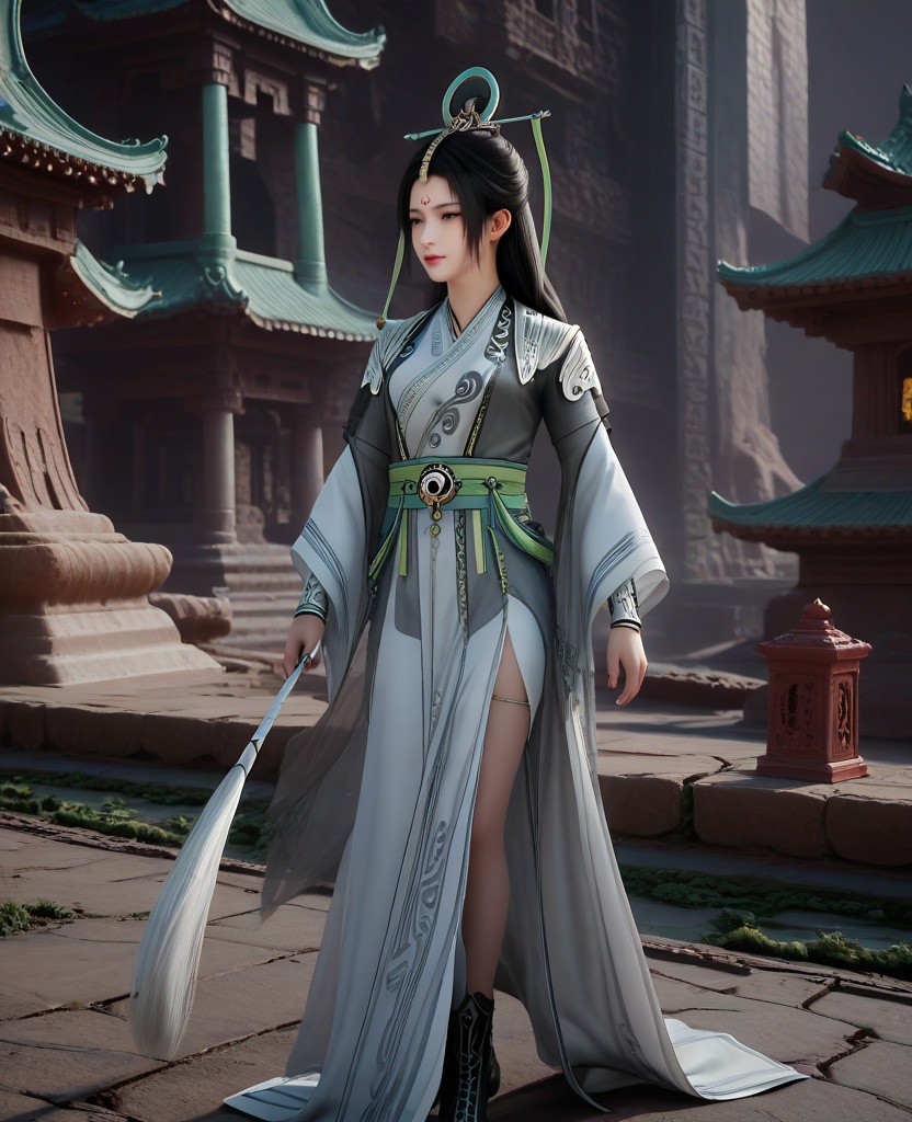 (oriental architecture, elegant decor, sophisticated style:1.1),(Baking:1.1),(breasts:1.2),<lora:XL16遮天陆灵:0.95>,miss luling,white dress,see-through wrap coat,forehead mark,black hair,long hair,hair ornament,sash,weapon,black boots,, score_9,score_8_up,score_7_up,score_6_up,score_5_up,score_4_up,3d rendering,tag1,tag2, Cinematic Lighting,backlighting,