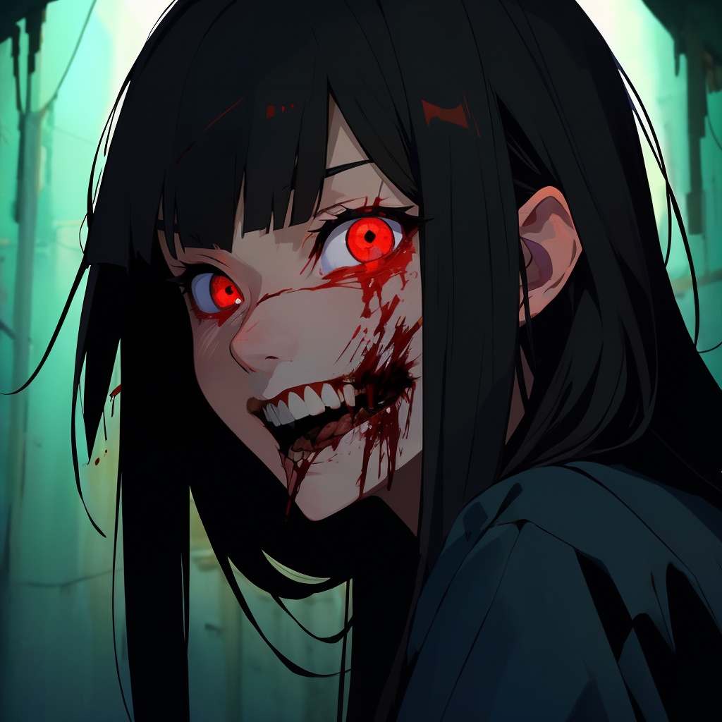 (masterpiece:1.2),best quality,8k wallpaper,anime,阴森,dark,1girl,solo,looking at viewer,red eyes,black hair,bangs,teeth,long hair,blood,blood on face,