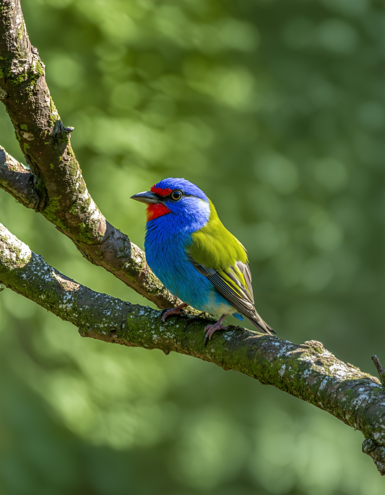 a colorful bird sitting on a tree branch,  capturing the intricate details with macro photography,  vibrant colors and the...