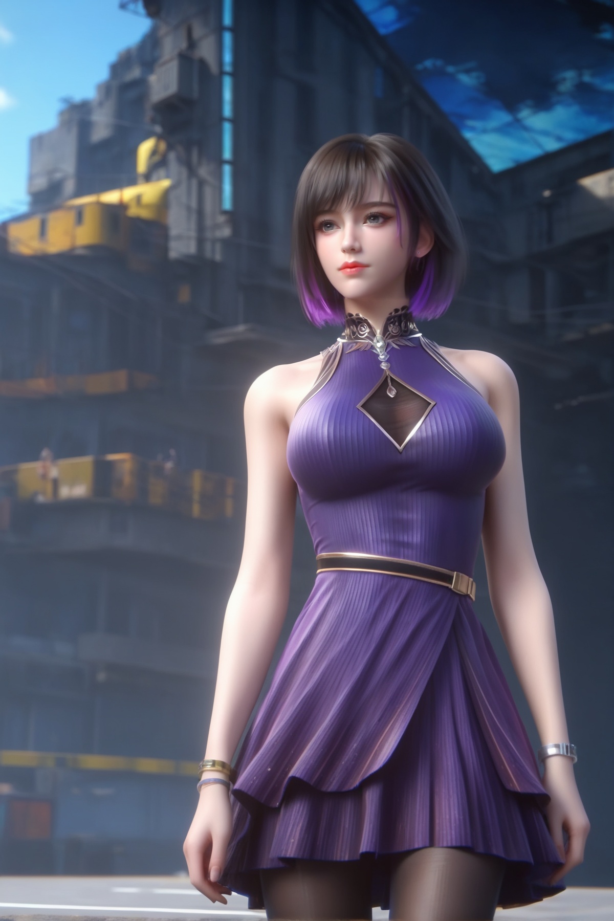 score_9,score_8_up,score_7_up,<lora:wy_wuyin_XL7.0:0.8>,1girl,solo,dress,breasts,jewelry,purple dress,multicolored hair,bracelet,short hair,purple hair,black hair,cleavage cutout,realistic,medium breasts,sleeveless,clothing cutout,bare shoulders,large breasts,black_pantyhose,