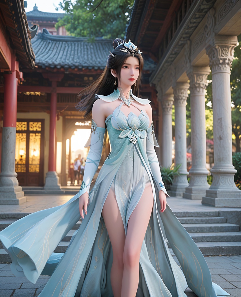 (oriental architecture, elegant decor, sophisticated style:1.1),(fidgeting:1.1),(breasts:1.2),<lora:XL遮天颜如玉:0.95>,1girl,long hair,black hair,black eyes,earrings,hair_ornament,headpiece,breast,medium breast,bare shoulders,dress,white_dress,bare_legs,, score_9,score_8_up,score_7_up,score_6_up,score_5_up,score_4_up,3d rendering,tag1,tag2, Cinematic Lighting,backlighting,