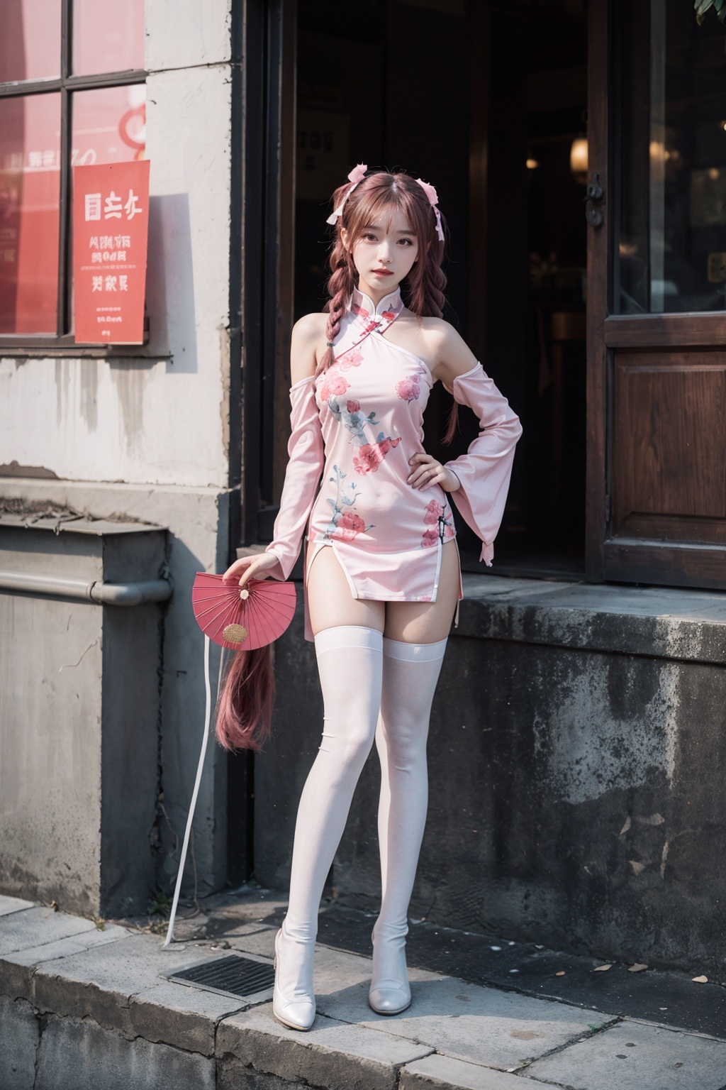1girl,chinese clothes,thighhighs,dress,china dress,pink hair,detached sleeves,looking at viewer,clothing cutout,twintails,solo,sitting,cosplay,hand fan,long hair,bare shoulders,hair ornament,full body,(very wide shot:1.5),