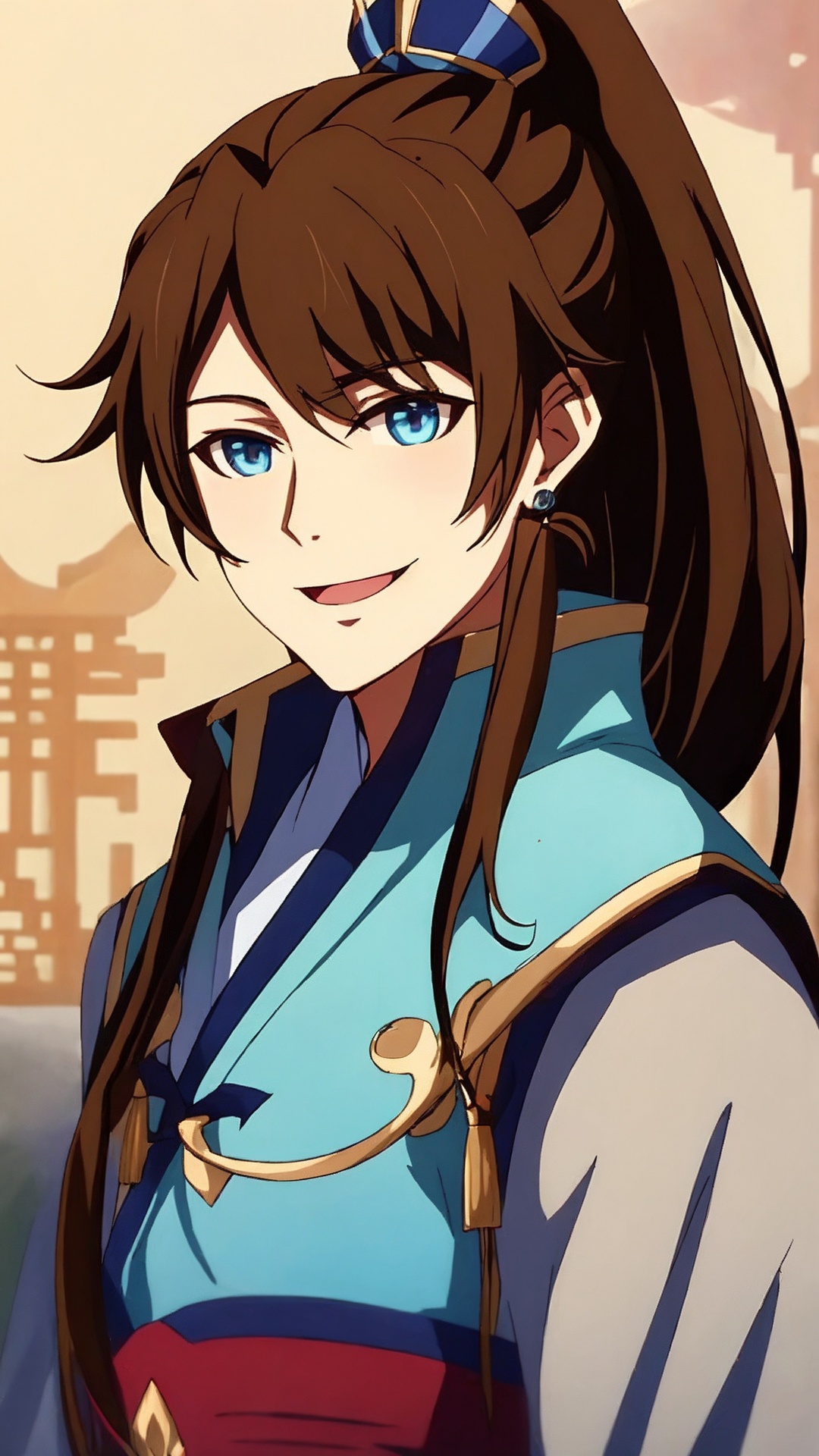 1boy, male focus, solo, long hair, blue eyes, brown hair, smile, ponytail, upper body, hair ornament, high ponytail, chinese clothes<lora:boy baixiaochun_20240911193625:0.7>,