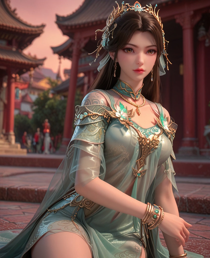 (oriental architecture, elegant decor, sophisticated style:1.1),(Arms wrapped around the legs, sitting,:1.1),(breasts:1.2),<lora:XL百炼成神溪幼琴:0.9>,miss xiyouqin,long hair,flower jewelry,brown hair,hair ornament,dress,earrings,green dress,bracelet,necklace,brown eyes,, zPDXL2, score_9, score_8_up, score_7_up BREAK realistic, masterpiece,best quality, highly detailed,, zPDXL3, zPDXL2,zPDXL, zPDXLxxx, zPDXLrl,