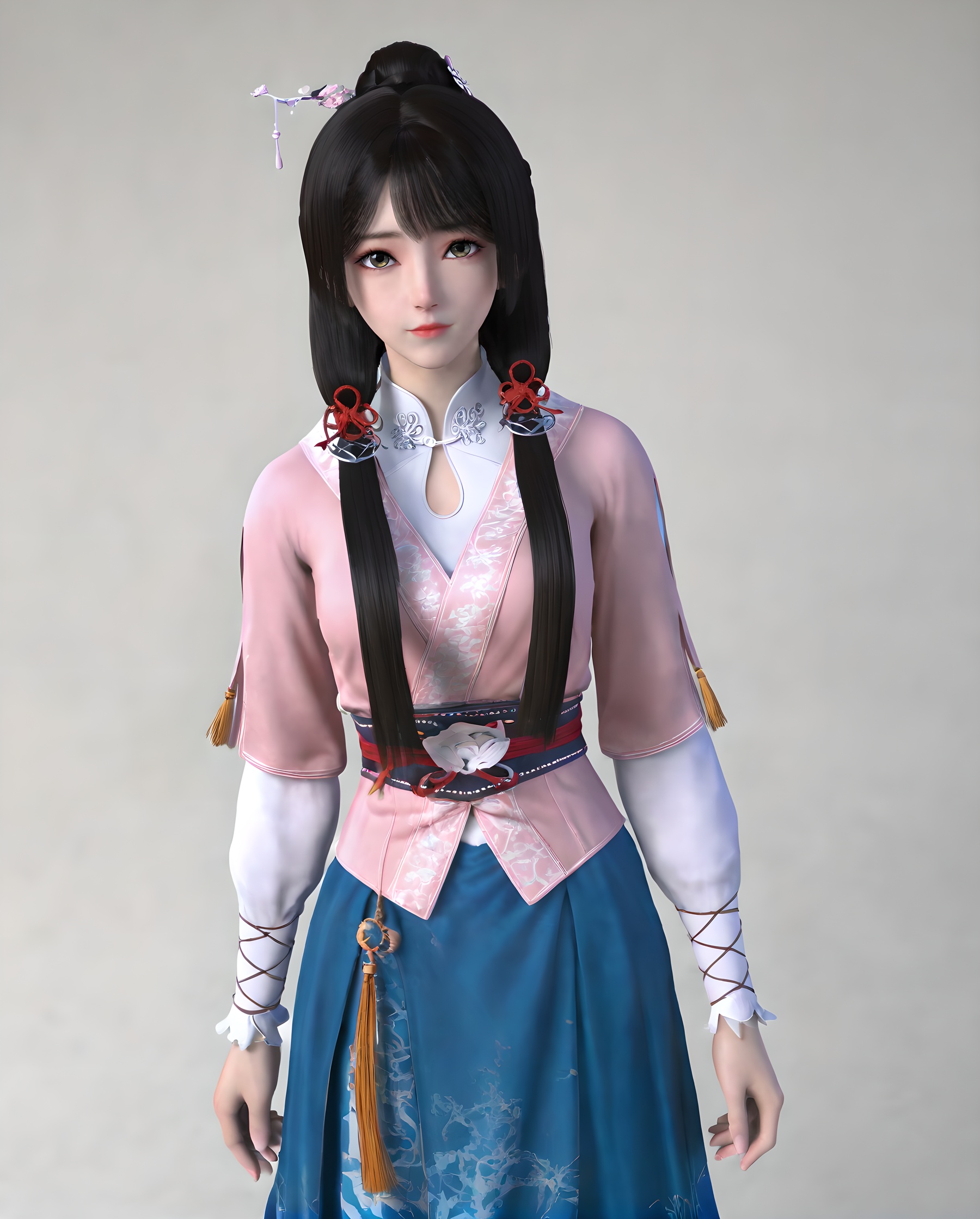 <lora:SF_SongYan_Pony_Realism-000004:0.7>,1girl,solo,dress,bangs,pink clothes,blue skirt,hair ornament,standing,looking at viewer,black hair,long hair,white background,