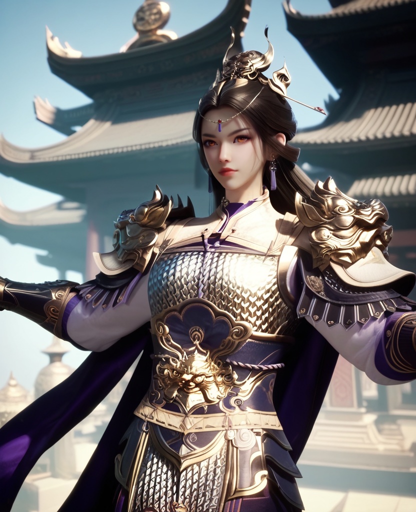 (oriental architecture, elegant decor, sophisticated style:1.1),(Standing with arms stretched upwards, reaching for the sky,:1.1),(breasts:1.2),<lora:XL16牧神记虞渊初雨:0.95>,female general,white armor,orange eyes,forehead pendan,black hair,very long hair,half-up braid with long cascading hair,earrings,pauldrons,vambraces,sash,faulds,purple cape,jambeau,, score_9,score_8_up,score_7_up,score_6_up,score_5_up,score_4_up,3d rendering,tag1,tag2, Cinematic Lighting,backlighting,