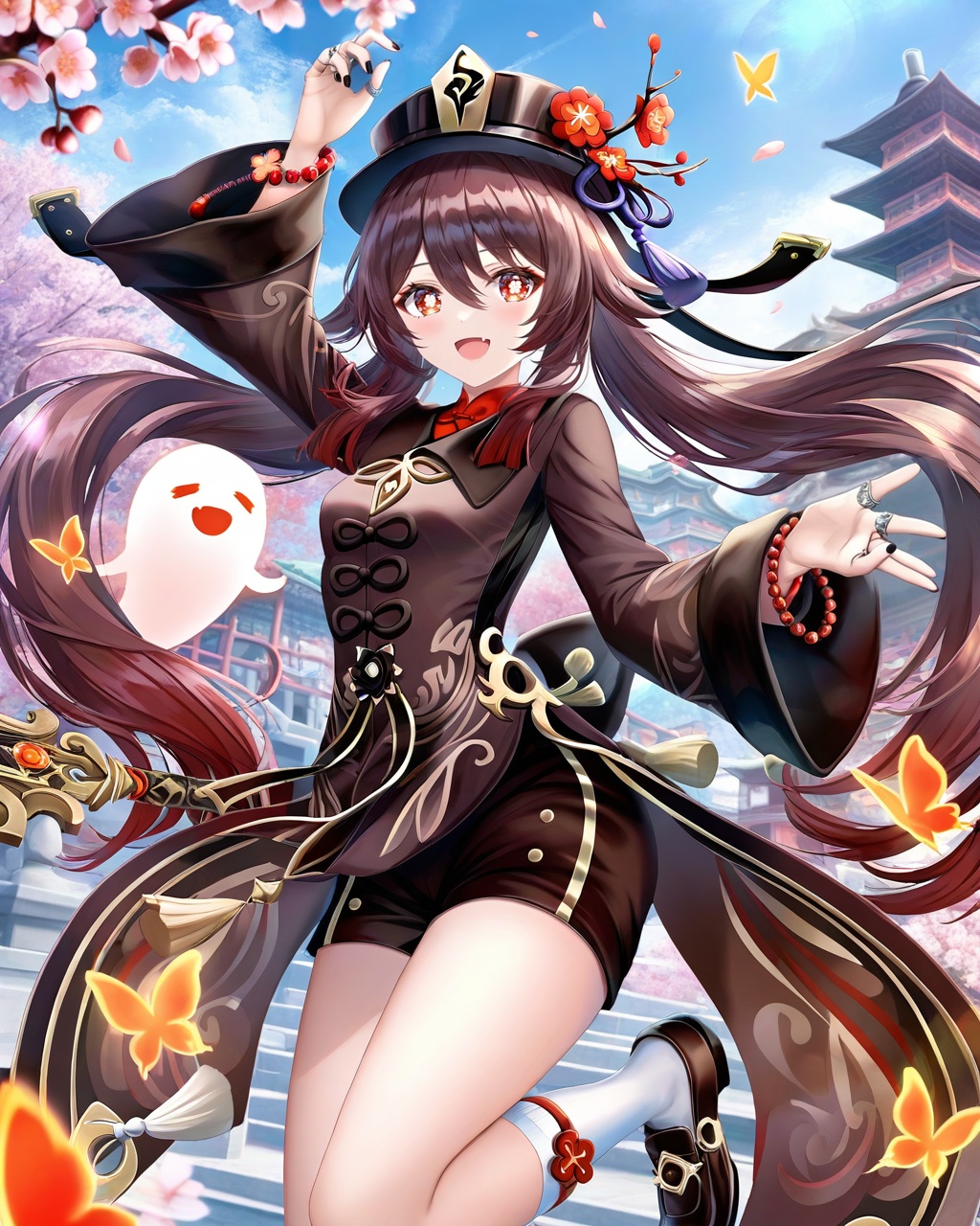 hu tao (genshin impact), 1girl, boo tao (genshin impact), weapon, shorts, socks, hat, jewelry, polearm, long hair, brown hair, flower, white socks, ring, holding, symbol-shaped pupils, solo, long sleeves, smile, holding weapon, butterfly, looking at viewer, open mouth, twintails, black shorts, bug, ghost, arm up, bead bracelet, thighs, red eyes, plum blossoms, holding polearm, outdoors, black headwear, multiple rings, hat flower, short shorts, beads, :d, flower-shaped pupils, bangs, black nails, bracelet, spear, very long hair, nail polish, sky, petals, shirt, chinese clothes, hair between eyes, day, porkpie hat, tailcoat, coattails, architecture, multicolored hair, standing, blush, floating hair, fang, coat, breasts, red flower, brown coat, standing on one leg, blue sky, shoes, tassel, east asian architecture, kneehighs, cherry blossoms, small breasts, wide sleeves