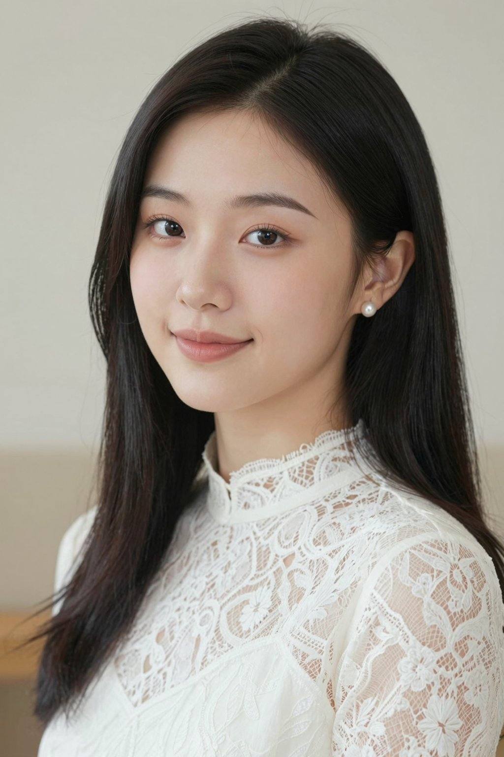 A photograph of a young Asian woman with fair skin and long, straight black hair. She has delicate features, wearing a white lace blouse with a high collar. Her makeup is subtle, with a natural look. She has small pearl earrings and a soft smile. The background is a blurred, light-colored wall, creating a serene and elegant atmosphere. The image captures her in a close-up, emphasizing her calm and poised expression. <lora:20260107_TinZ-ImageYoungGirlLora6:0>