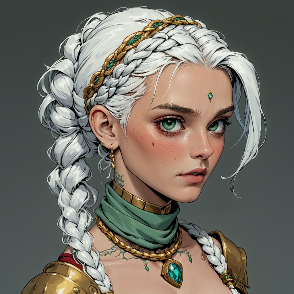 D&D Painterly,  A digital illustration depicting a young woman with an ethereal and somewhat melancholic presence. Her ski...