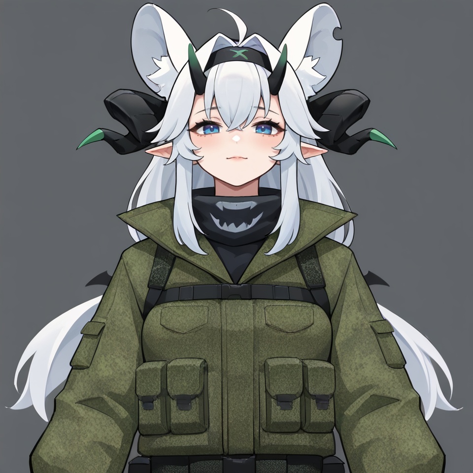 masterpiece, best quality,grey background,looking at viewer,SOLO,simple background,        dajiaoshu_style,shuangweihuixing,rat ears,horns,blue eyes,animal ears,closed mouth,ahoge,white hair,2 tails,animal ear fluff,demon tail,demon horns,long hair,gloves,jacket,hairband,black gloves,virtual youtuber,camouflage,camouflage jacket<lora:双尾彗星-1.0-ill2pro-e2:0.8>