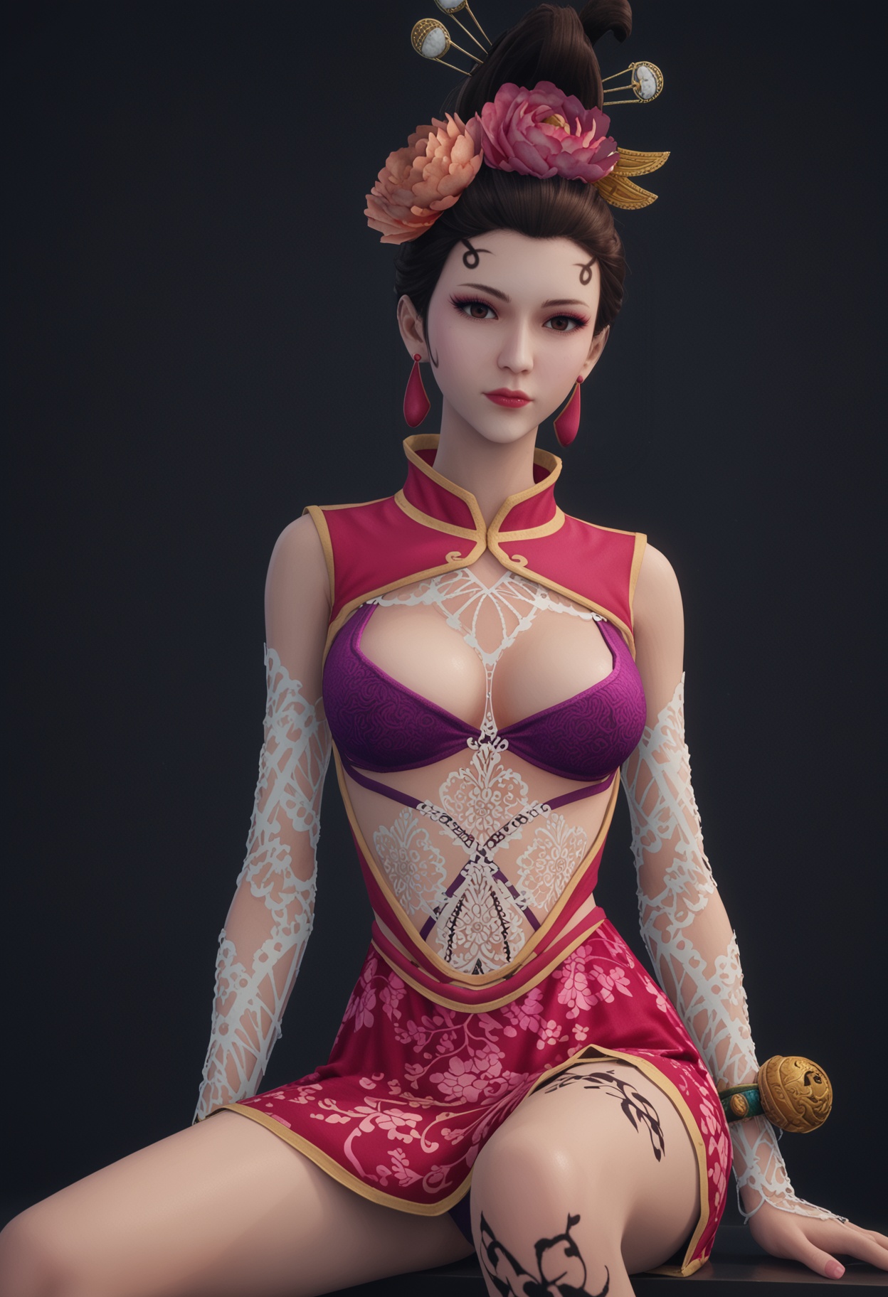 (cowboy shot:1.2),score_9,score_8_up,masterpiece,(best quality),intricate details,1girl,facing viewer,(looking at viewer:1.1),<lora:YQ_pony_fanyintian_V4:0.9:lbw=1,1,1,1,1,1,1,1,1,0.8,0.8,0.1>,q1528437228,1girl,solo,black hair,hair ornament,jewelry,chinese clothes,hair flower,earrings,dress,bra,lipstick,underwear,short hair,tattoo,black eyes,eyeshadow,china dress,hair bun,anklet,gloves,brown eyes,brown hair,sleeveless,lingerie,leg tattoo,BREAKscore_9,score_8_up,masterpiece,(best quality),perfect anatomy,(hourglass),perfect face,(simple background,pure black background,black background:1.1),fair_skin,shiny_skin,Ivory_skin,