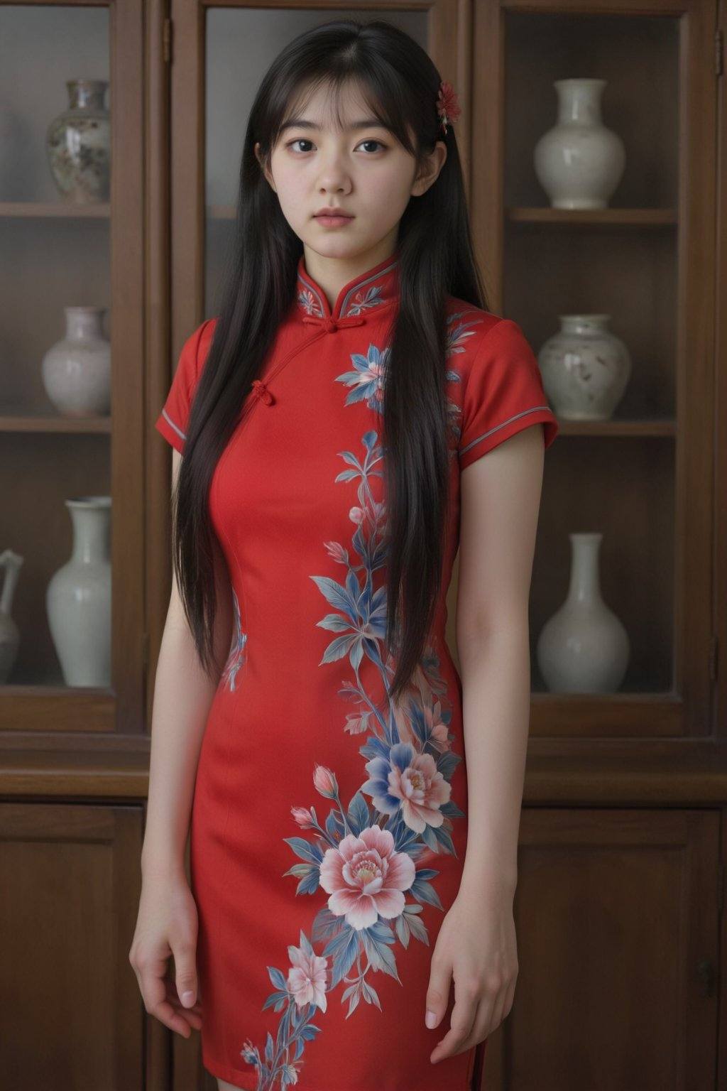 This photograph features an Asian woman with long,  straight black hair adorned with a red flower clip. She wears a tradit...