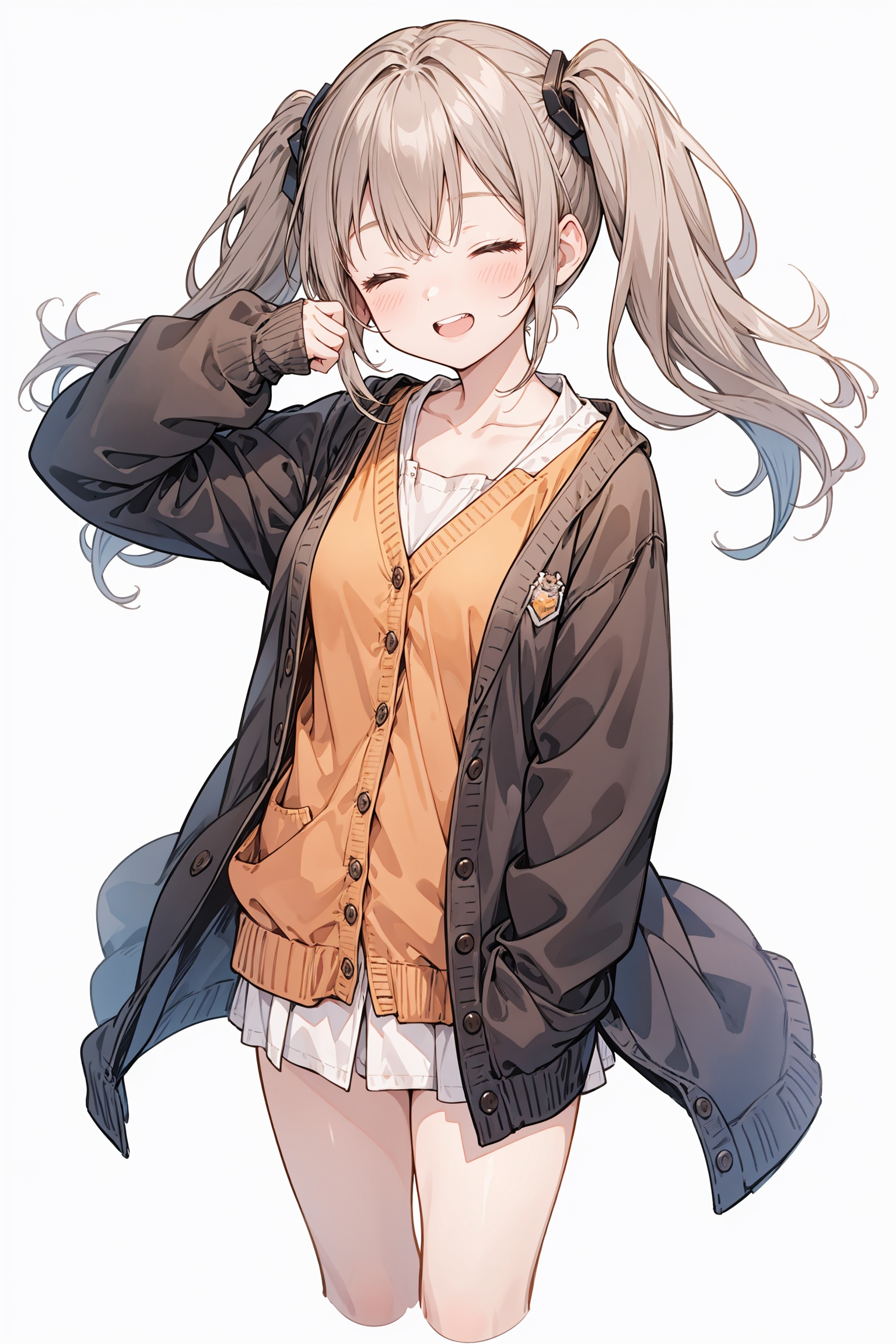 1girl, solo, light brown hair, twintails, blush, smile, shirt, white shirt, ^ ^, orange cardigan, cardigan, closed eyes, collarbone, cropped legs, long sleeves, simple background, sleeves past fingers, sleeves past wrists, teeth, upper teeth only, white background, cowboy shot