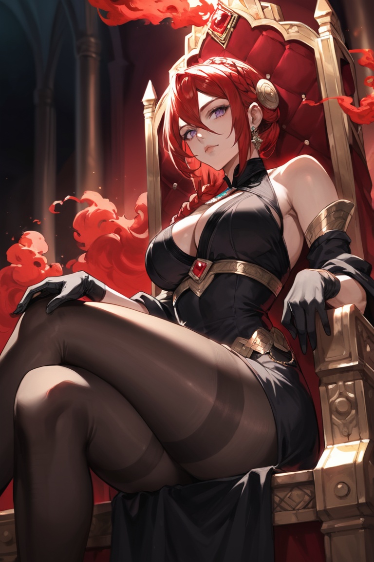 score_9, score_8_up, score_7_up, rating_safe, source_anime, detailed illustration, 8K UHD, ((from below, from side:1.4)), ((the red queen)), 1girl, solo, looking at viewer, red hair, single braided hair, hair over shoulder, ((hair between eyes)), purple eyes, big breasts, closed mouth, ((expressionless)), bare shoulder, black dress, intricate dress, red jewelry, royal dress, side cut dress, black arms sleeve, ((black pantyhose, black gloves)), cleavage cutout, sitting on throne, crossed legs, throne, dark background, overhead lighting, fantasy themed, depth of field, ((red smoke swirls around her:1.4))