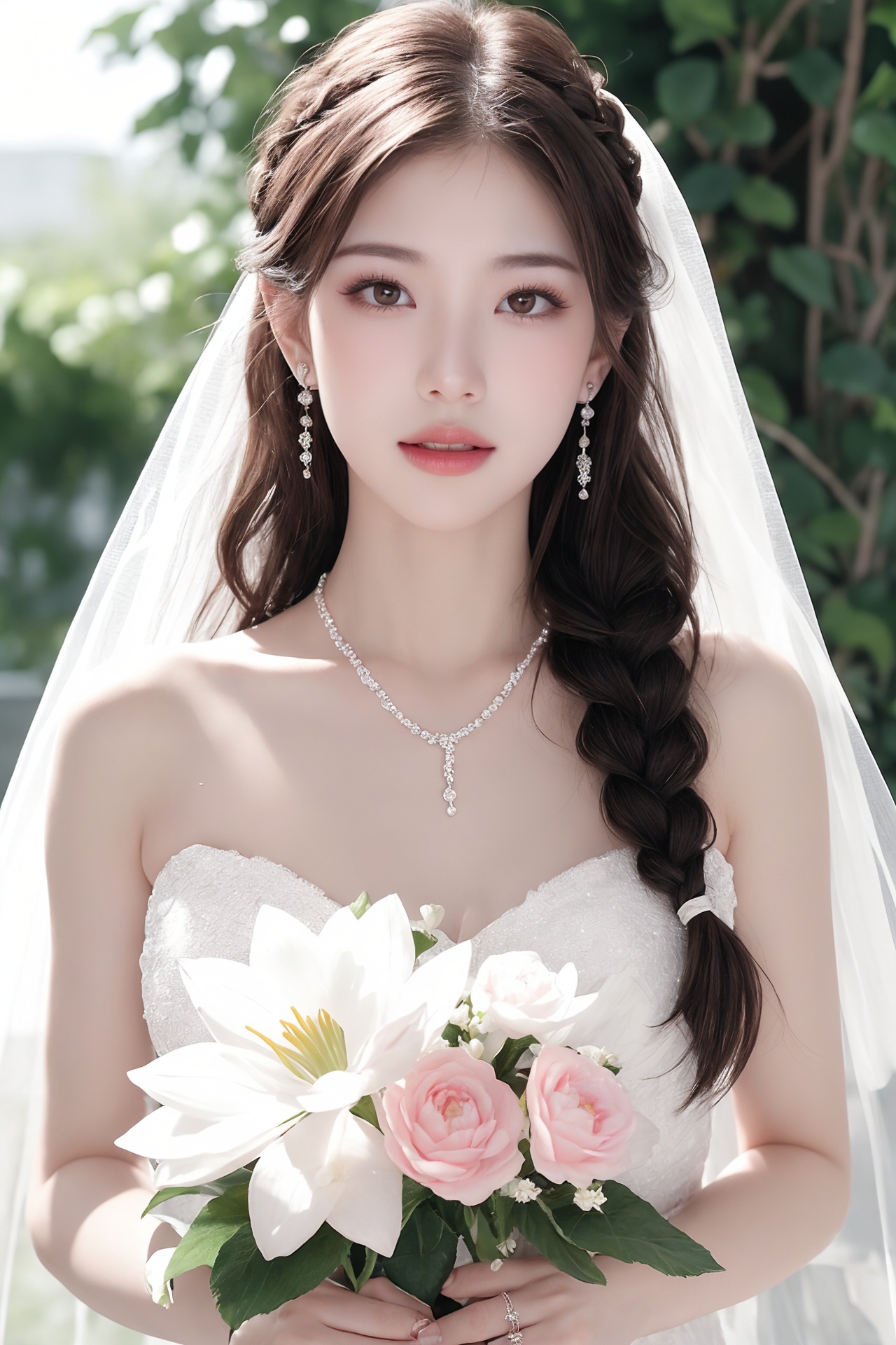 1girl, bouquet, braid, brown hair, daisy, dandelion, earrings, flower, flower field, holding flower, hydrangea, jewelry, lily \(flower\), lips, long hair, lotus, necklace, open mouth, pearl necklace, pink flower, realistic, ring, solo, teeth, wedding band, wedding ring, white flower <lora:国际超模脸1.0:0.8>